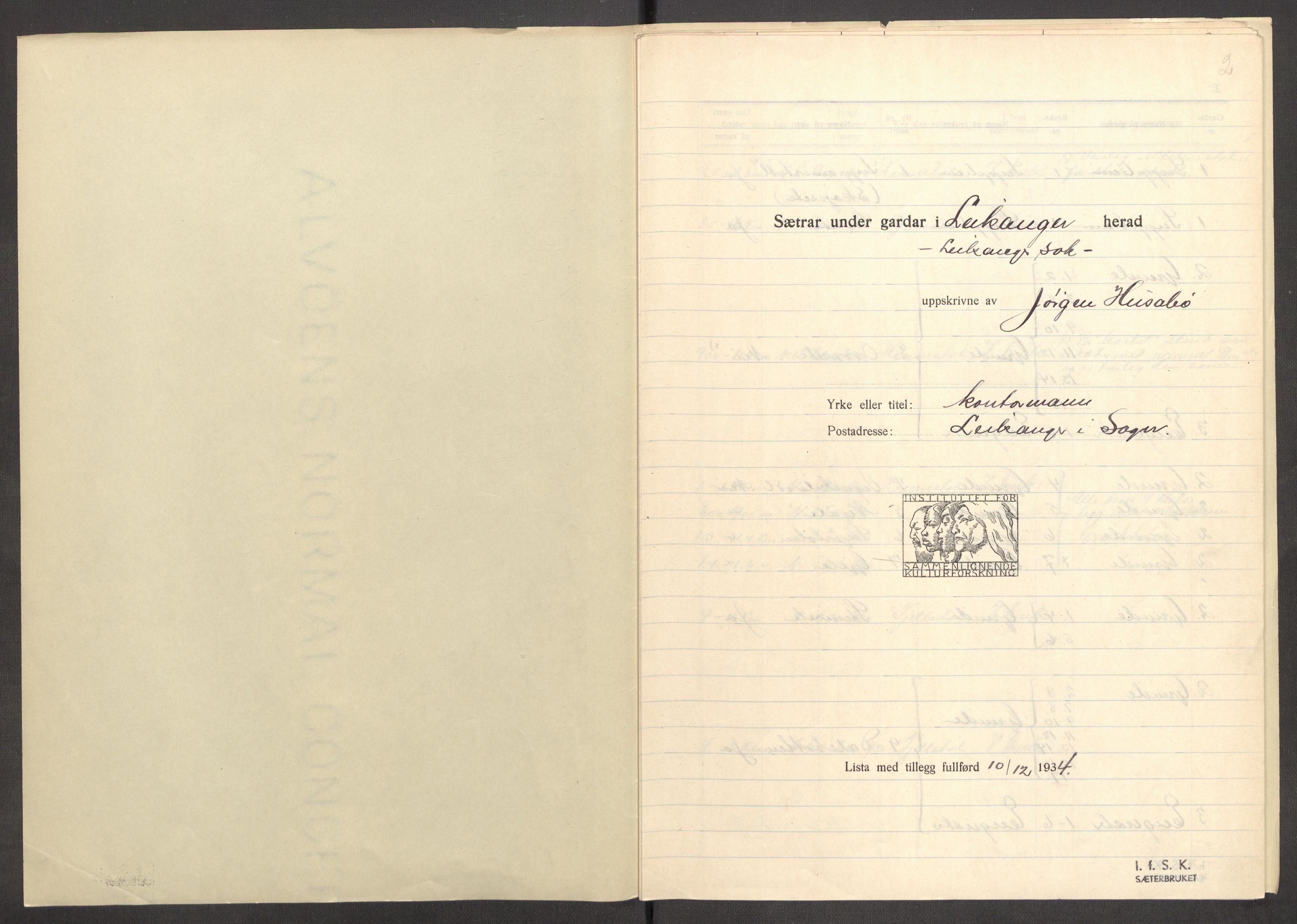 Instituttet for sammenlignende kulturforskning, AV/RA-PA-0424/F/Fc/L0011/0002: Eske B11: / Sogn og Fjordane (perm XXIX), 1934-1937, p. 2