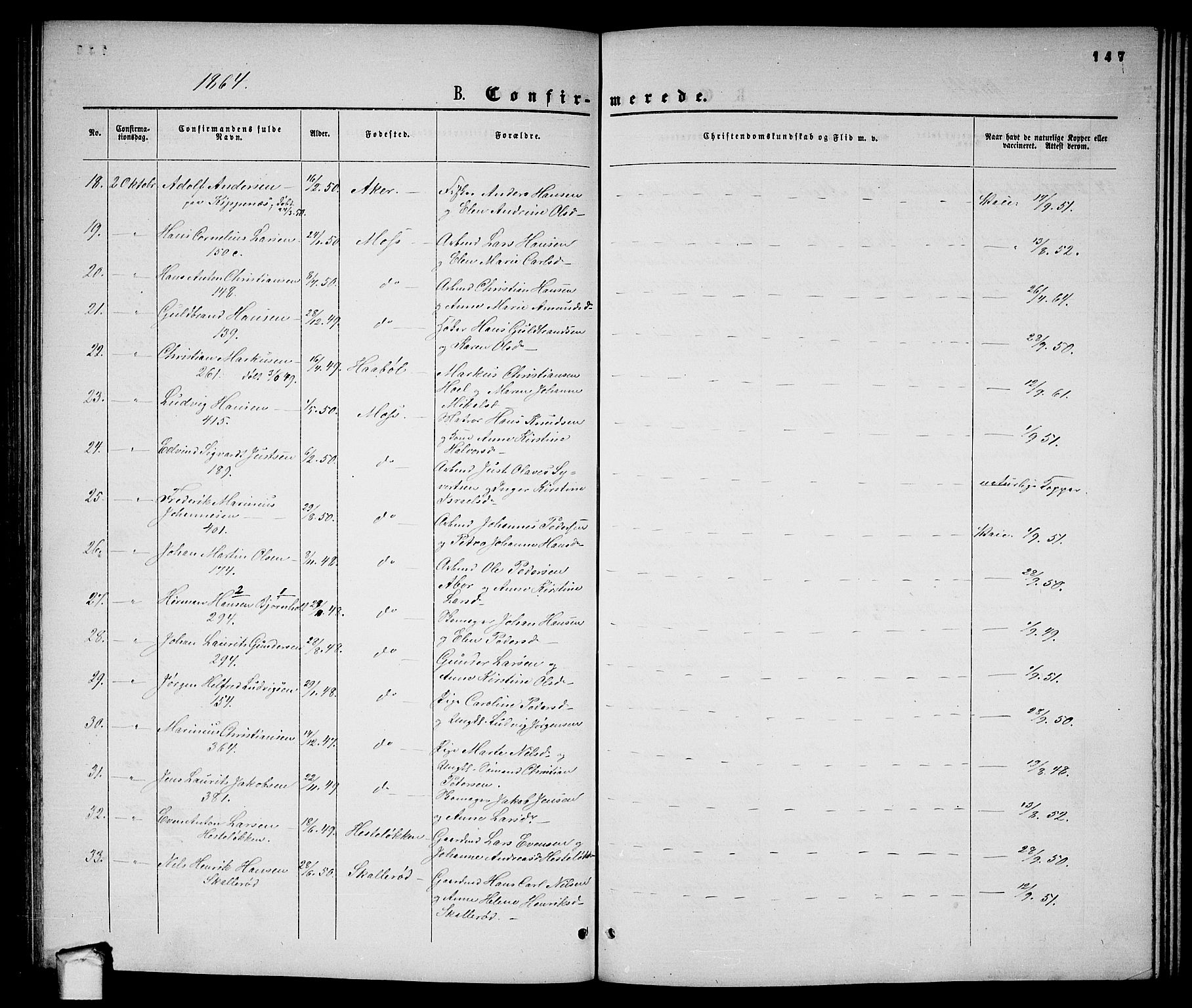 Moss prestekontor Kirkebøker, AV/SAO-A-2003/G/Ga/L0003: Parish register (copy) no. I 3, 1861-1872, p. 147