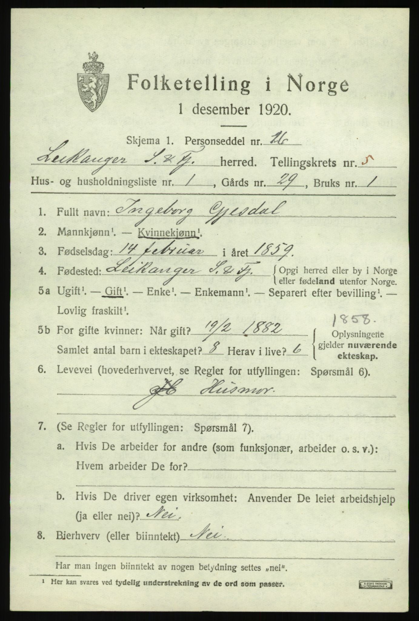 SAB, 1920 census for Leikanger, 1920, p. 3614