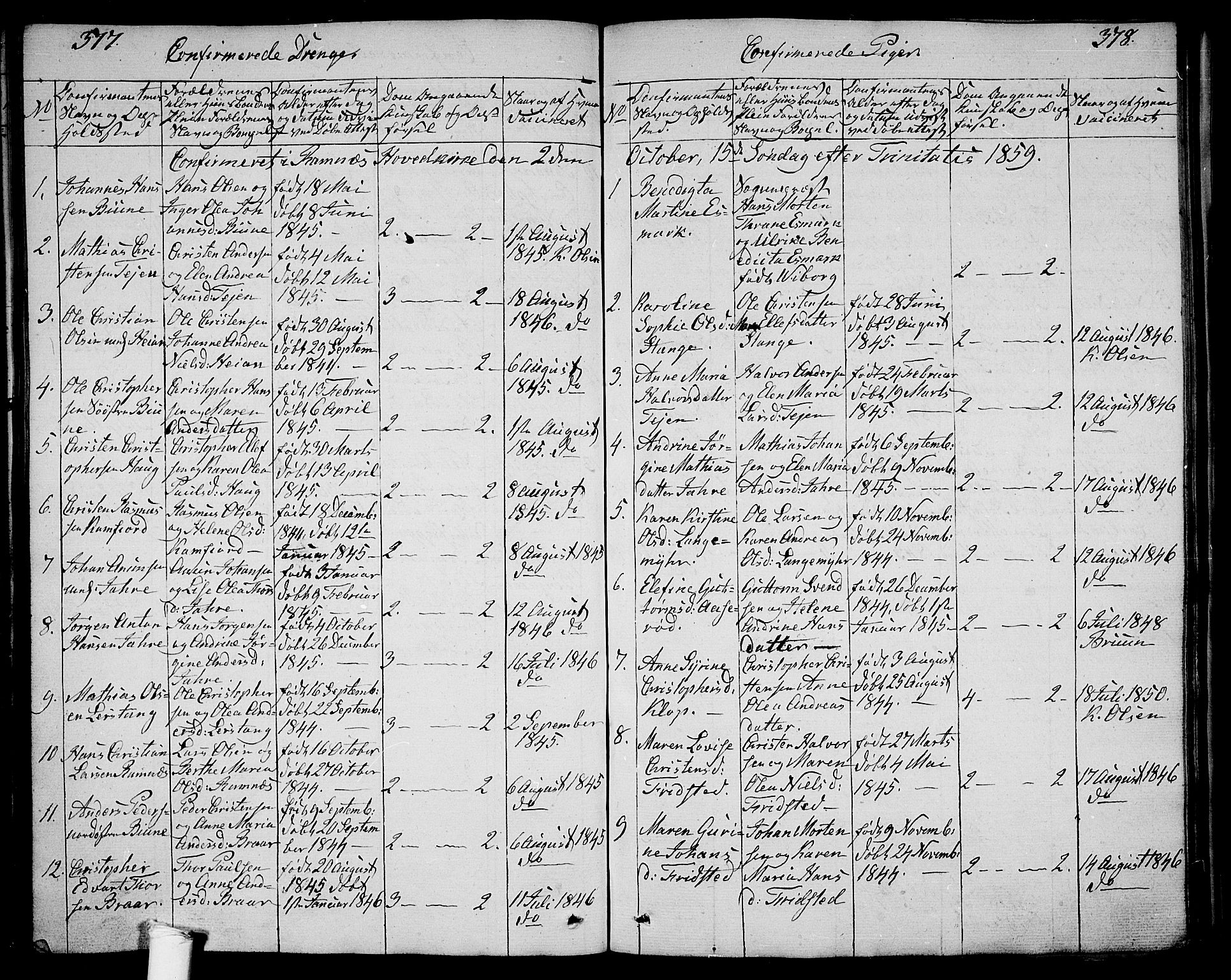Ramnes kirkebøker, SAKO/A-314/G/Ga/L0002: Parish register (copy) no. I 2, 1848-1870, p. 377-378