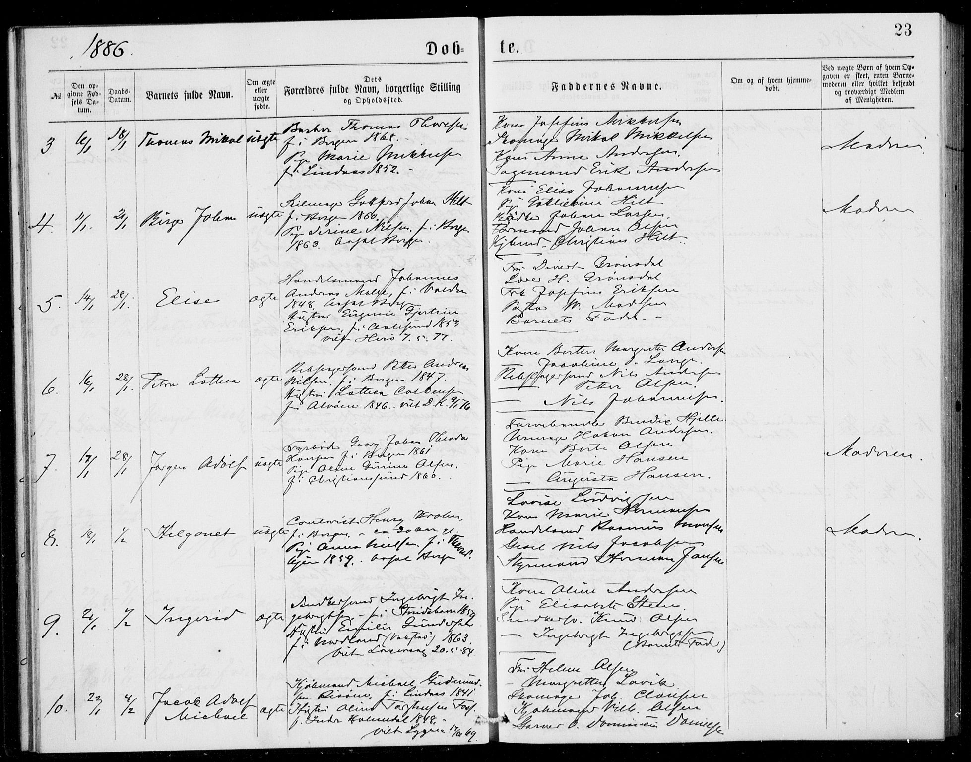 Fødselsstiftelsens sokneprestembete, ført av overlegen*, SAB/-: Parish register (official) no. A 2, 1884-1900, p. 23