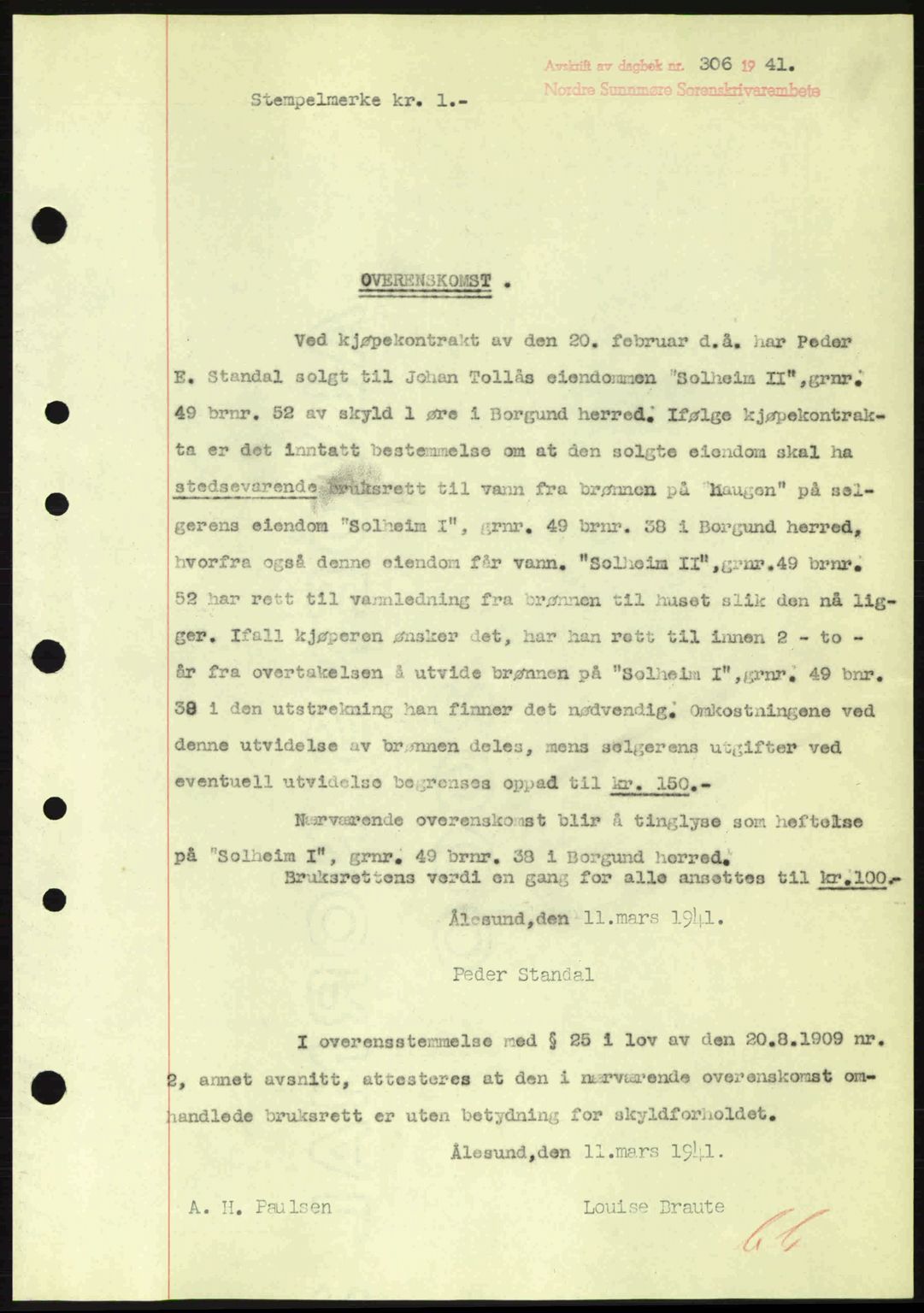 Nordre Sunnmøre sorenskriveri, AV/SAT-A-0006/1/2/2C/2Ca: Mortgage book no. A10, 1940-1941, Diary no: : 306/1941