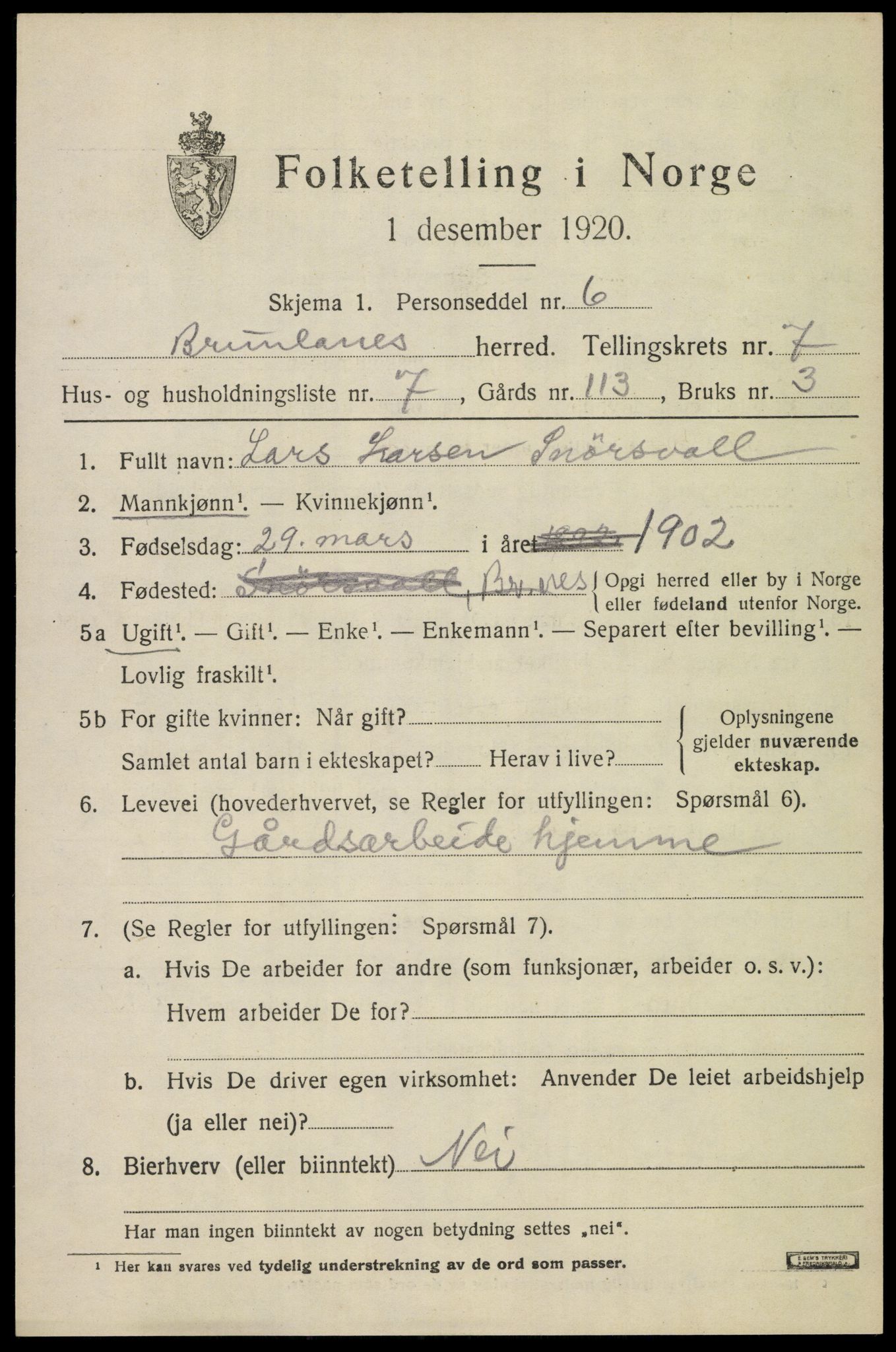 SAKO, 1920 census for Brunlanes, 1920, p. 7167