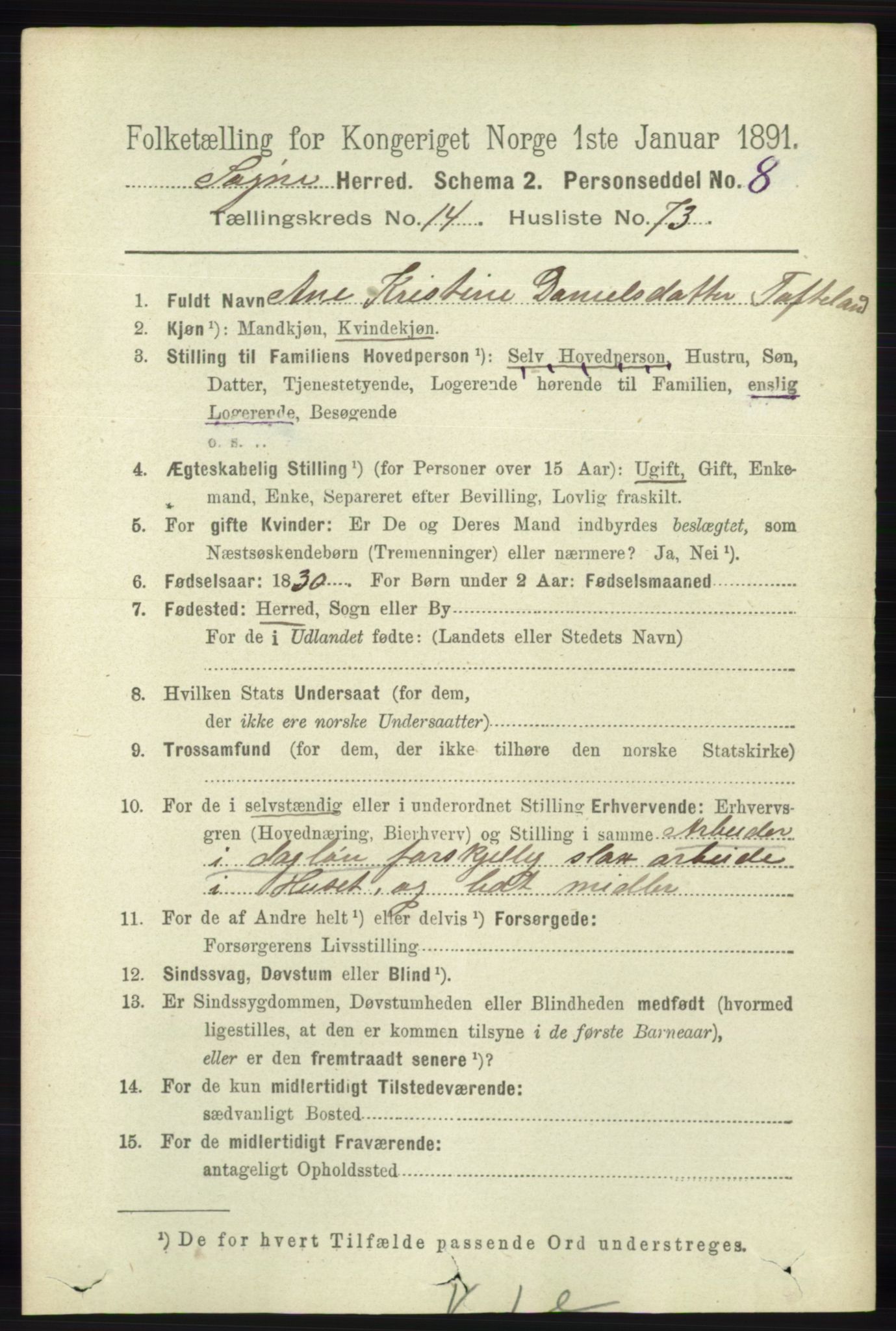 RA, 1891 census for 1018 Søgne, 1891, p. 3789