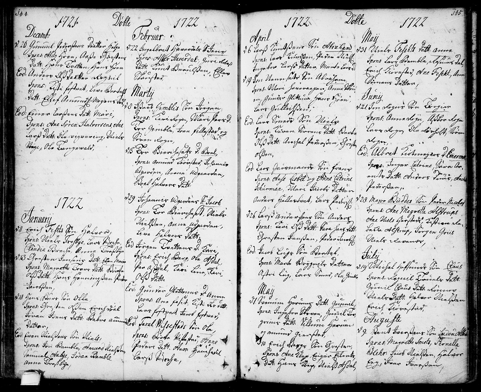 Bamble kirkebøker, AV/SAKO-A-253/F/Fa/L0001: Parish register (official) no. I 1, 1702-1774, p. 144-145