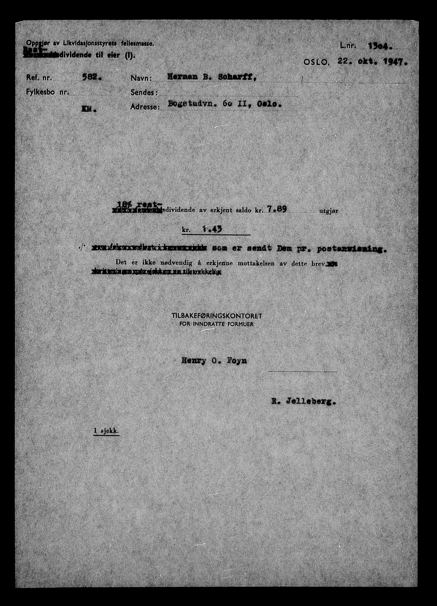 Justisdepartementet, Tilbakeføringskontoret for inndratte formuer, AV/RA-S-1564/H/Hc/Hcc/L0978: --, 1945-1947, p. 4