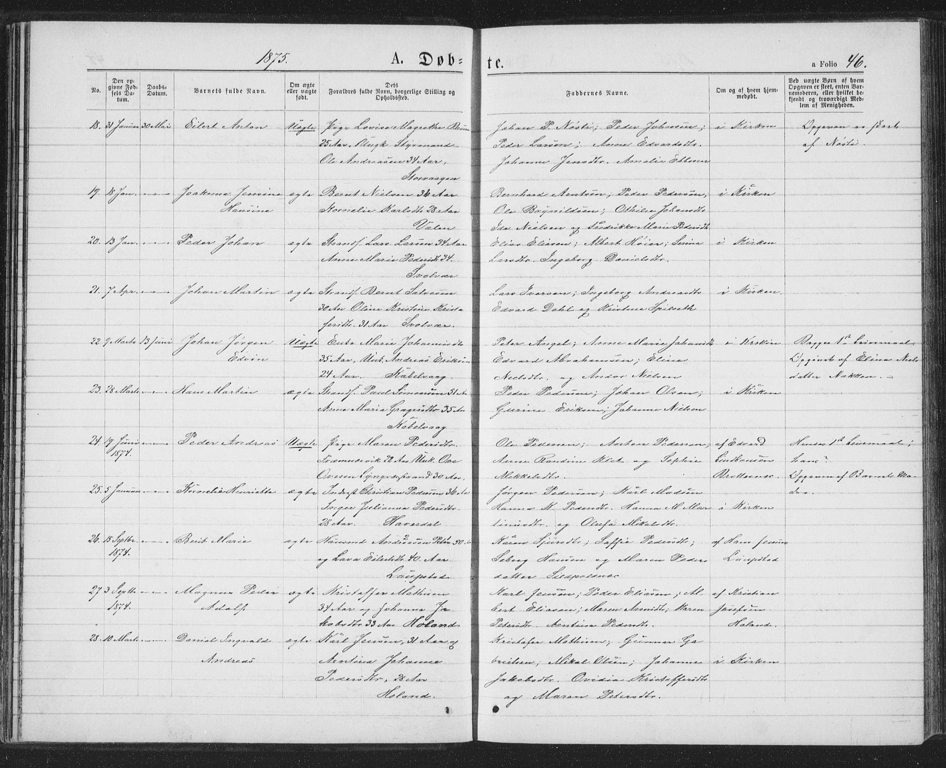 Ministerialprotokoller, klokkerbøker og fødselsregistre - Nordland, AV/SAT-A-1459/874/L1074: Parish register (copy) no. 874C03, 1870-1876, p. 46