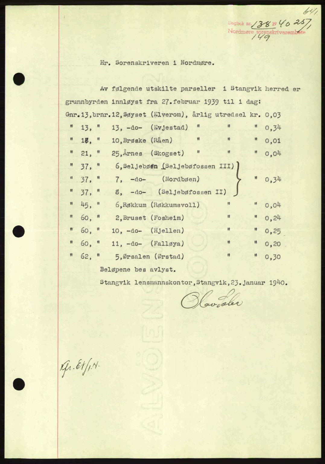 Nordmøre sorenskriveri, AV/SAT-A-4132/1/2/2Ca: Mortgage book no. B86, 1939-1940, Diary no: : 138/1940