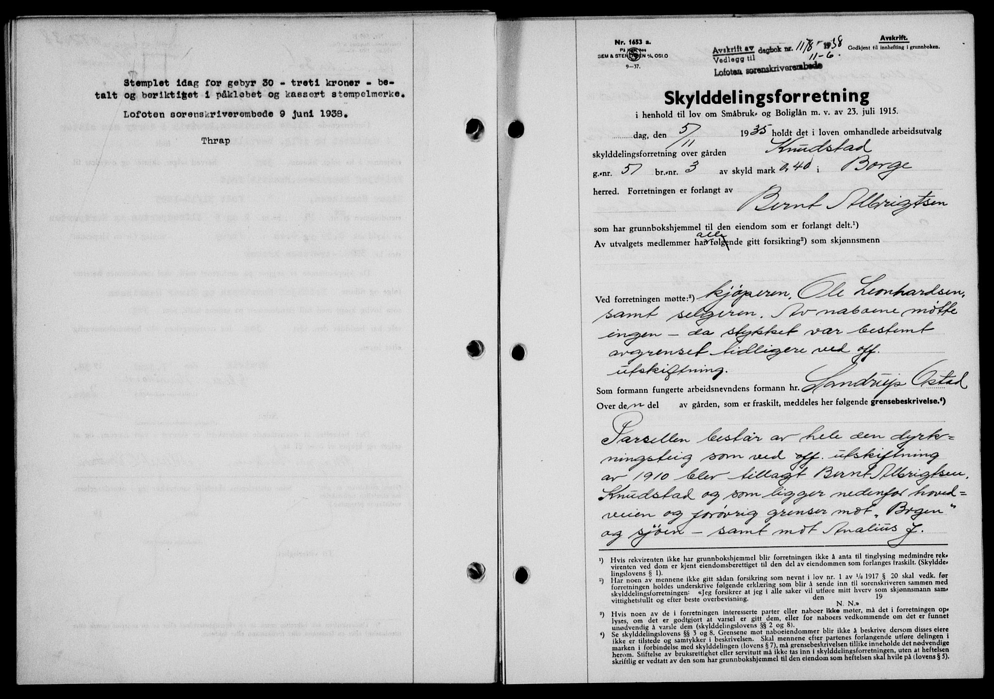 Lofoten sorenskriveri, SAT/A-0017/1/2/2C/L0004a: Mortgage book no. 4a, 1938-1938, Diary no: : 1178/1938