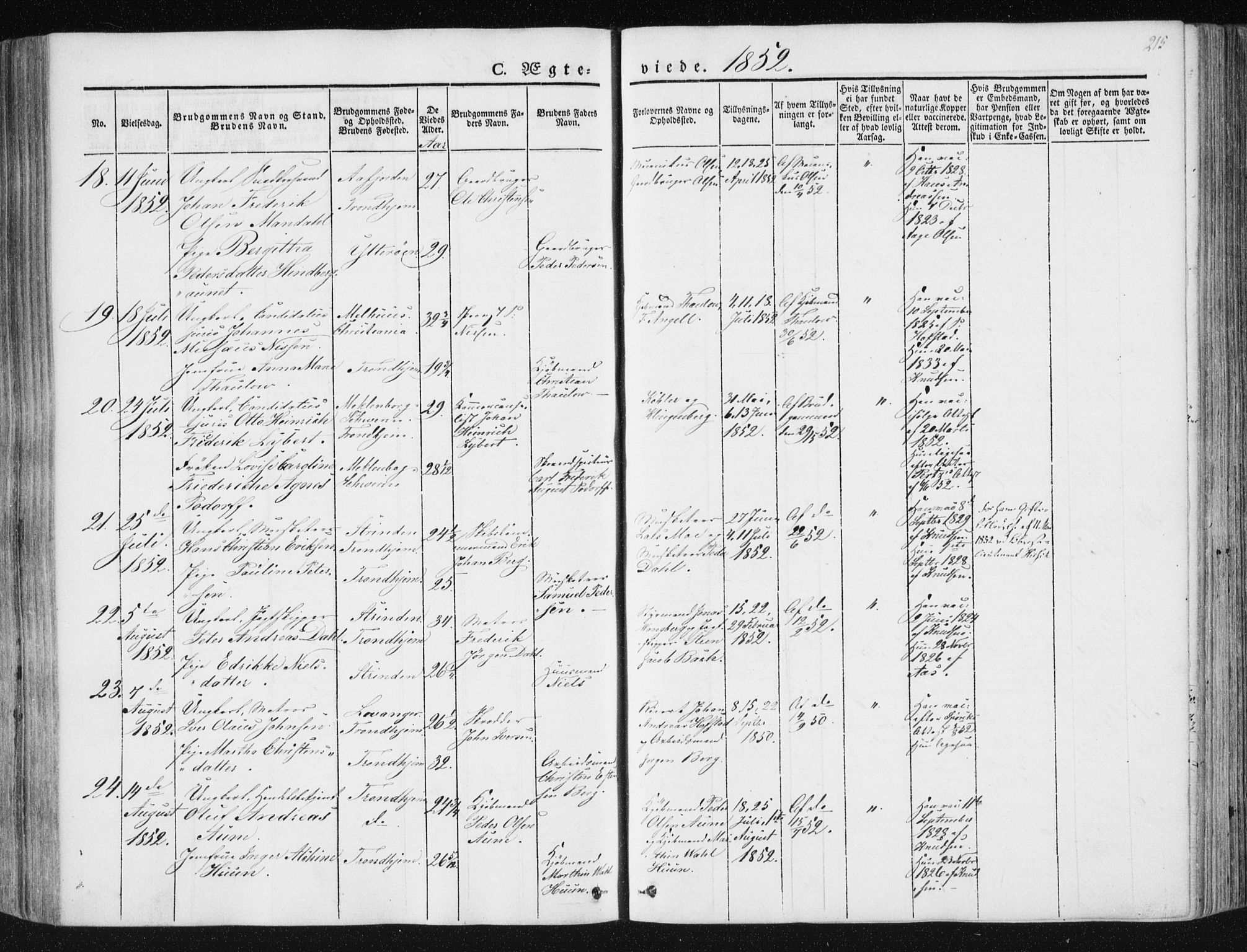 Ministerialprotokoller, klokkerbøker og fødselsregistre - Sør-Trøndelag, AV/SAT-A-1456/602/L0110: Parish register (official) no. 602A08, 1840-1854, p. 215