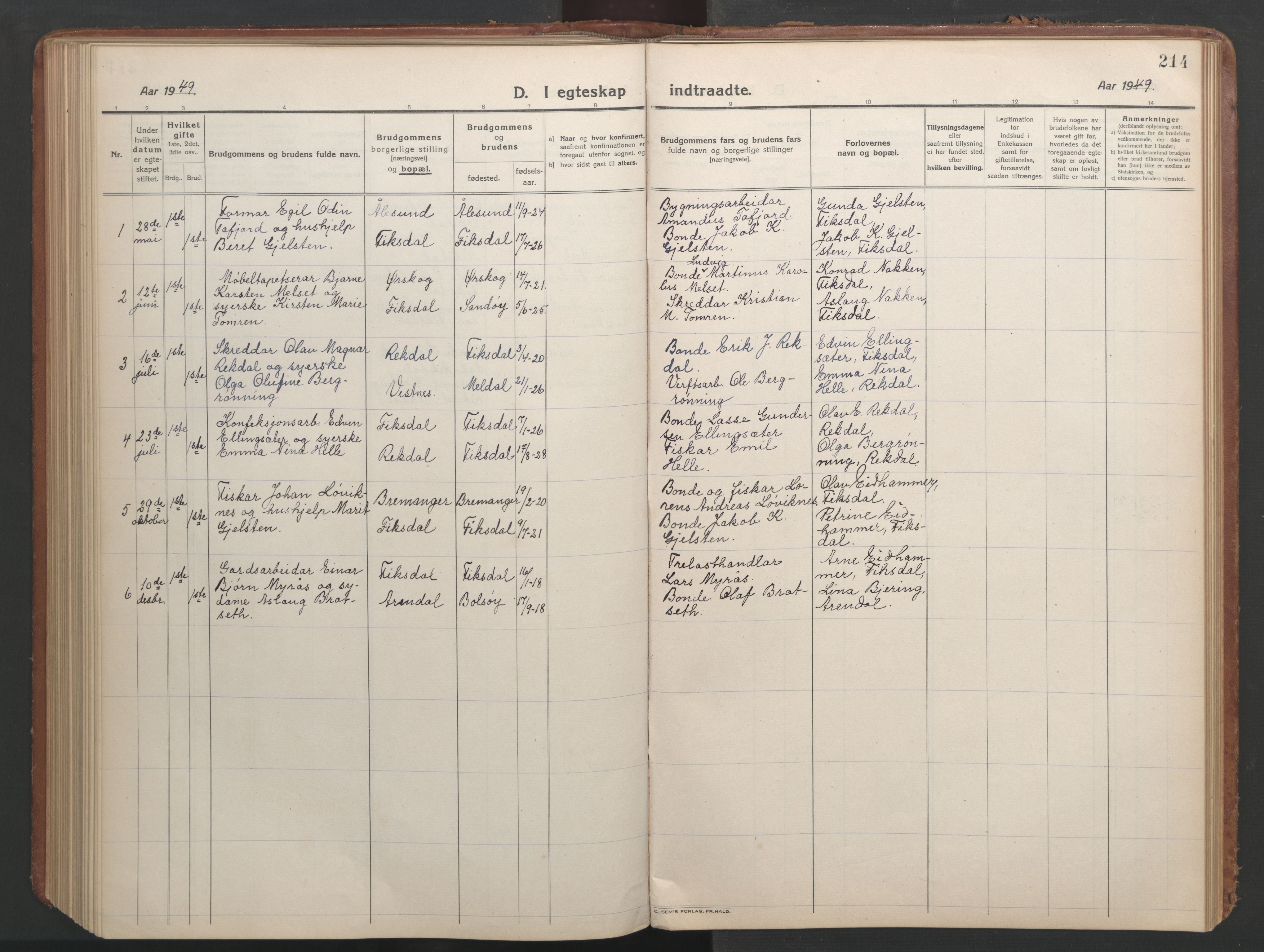 Ministerialprotokoller, klokkerbøker og fødselsregistre - Møre og Romsdal, AV/SAT-A-1454/540/L0542: Parish register (copy) no. 540C02, 1921-1967, p. 214