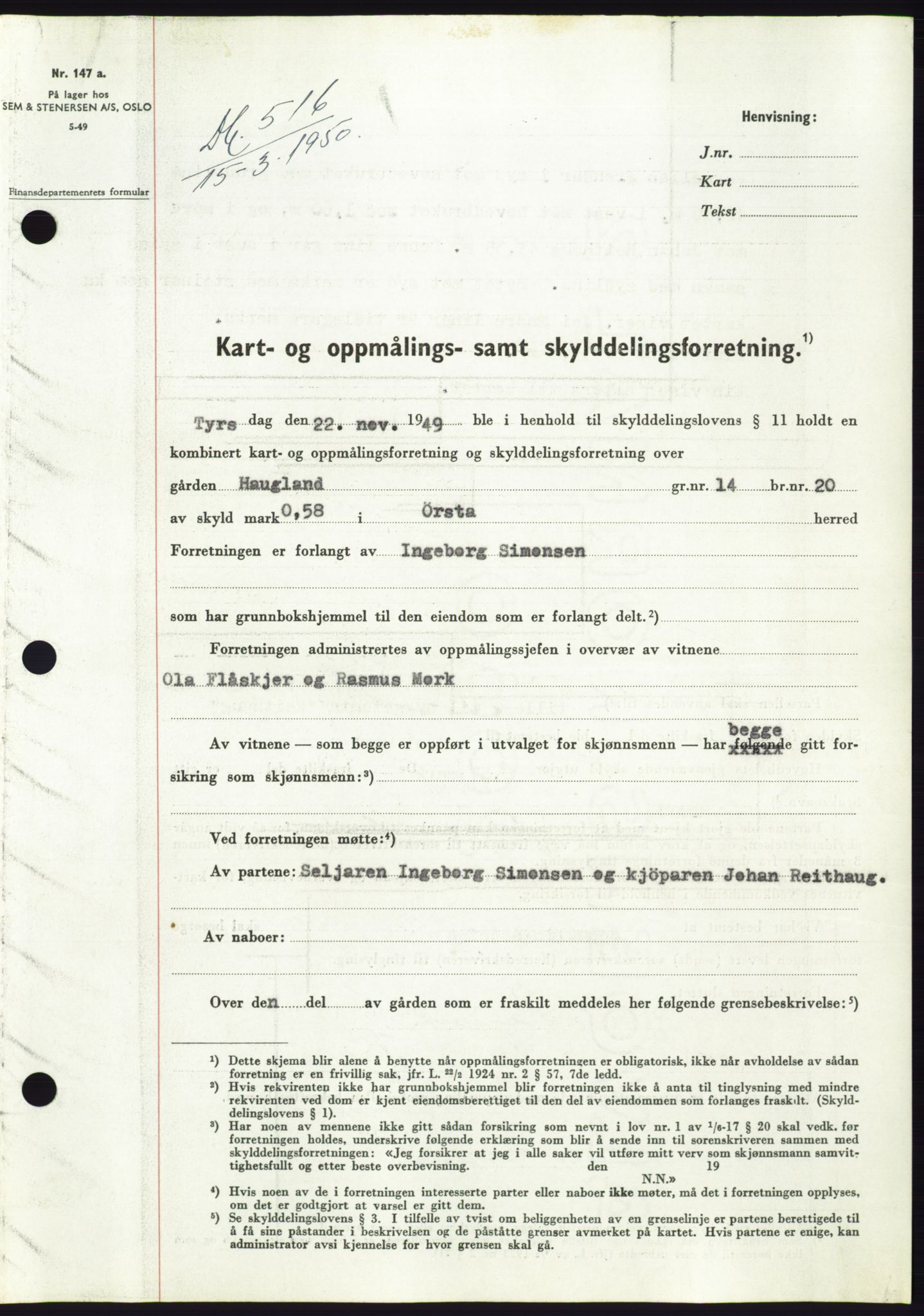 Søre Sunnmøre sorenskriveri, SAT/A-4122/1/2/2C/L0086: Mortgage book no. 12A, 1949-1950, Diary no: : 516/1950