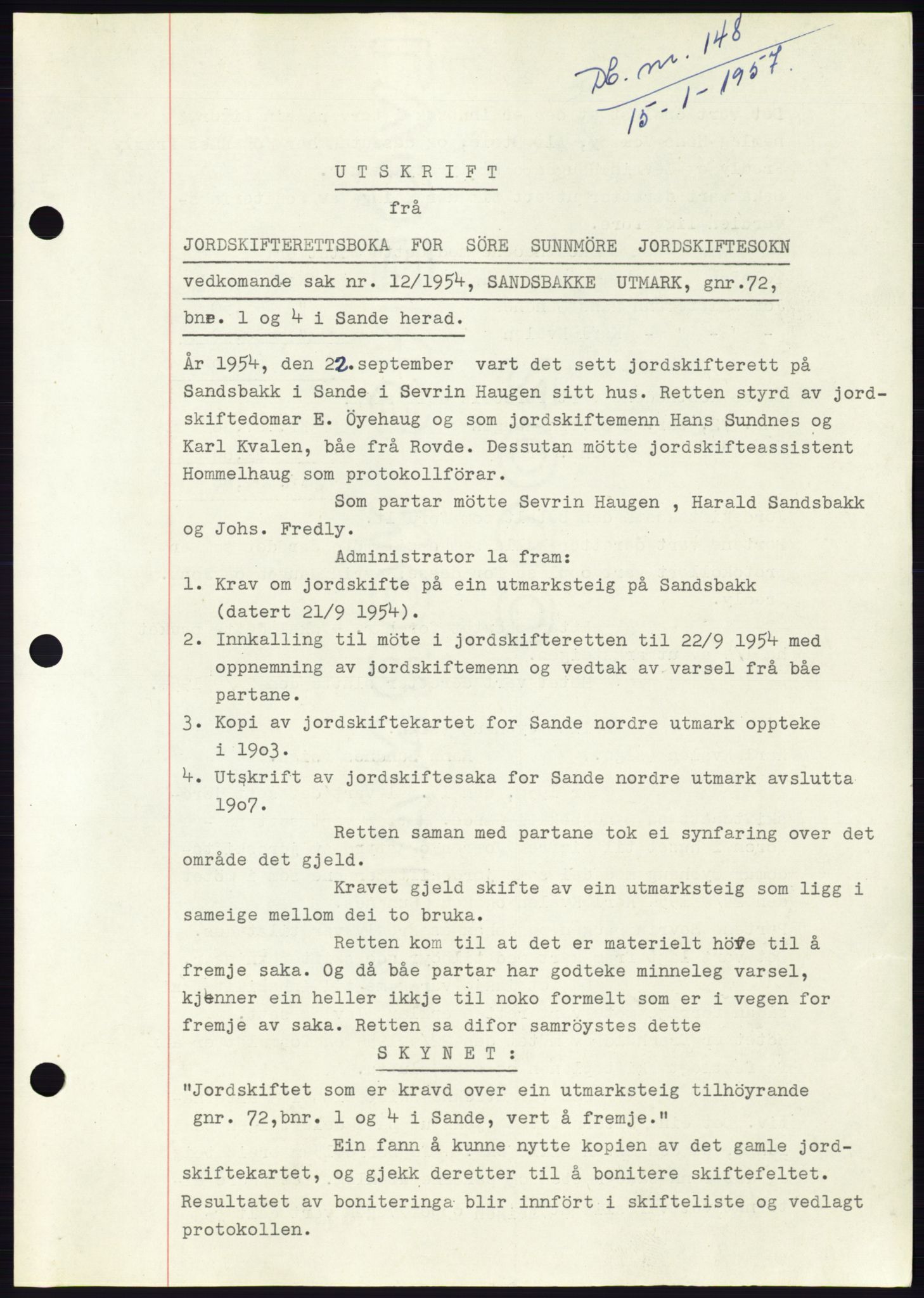 Søre Sunnmøre sorenskriveri, AV/SAT-A-4122/1/2/2C/L0105: Mortgage book no. 31A, 1956-1957, Diary no: : 148/1957