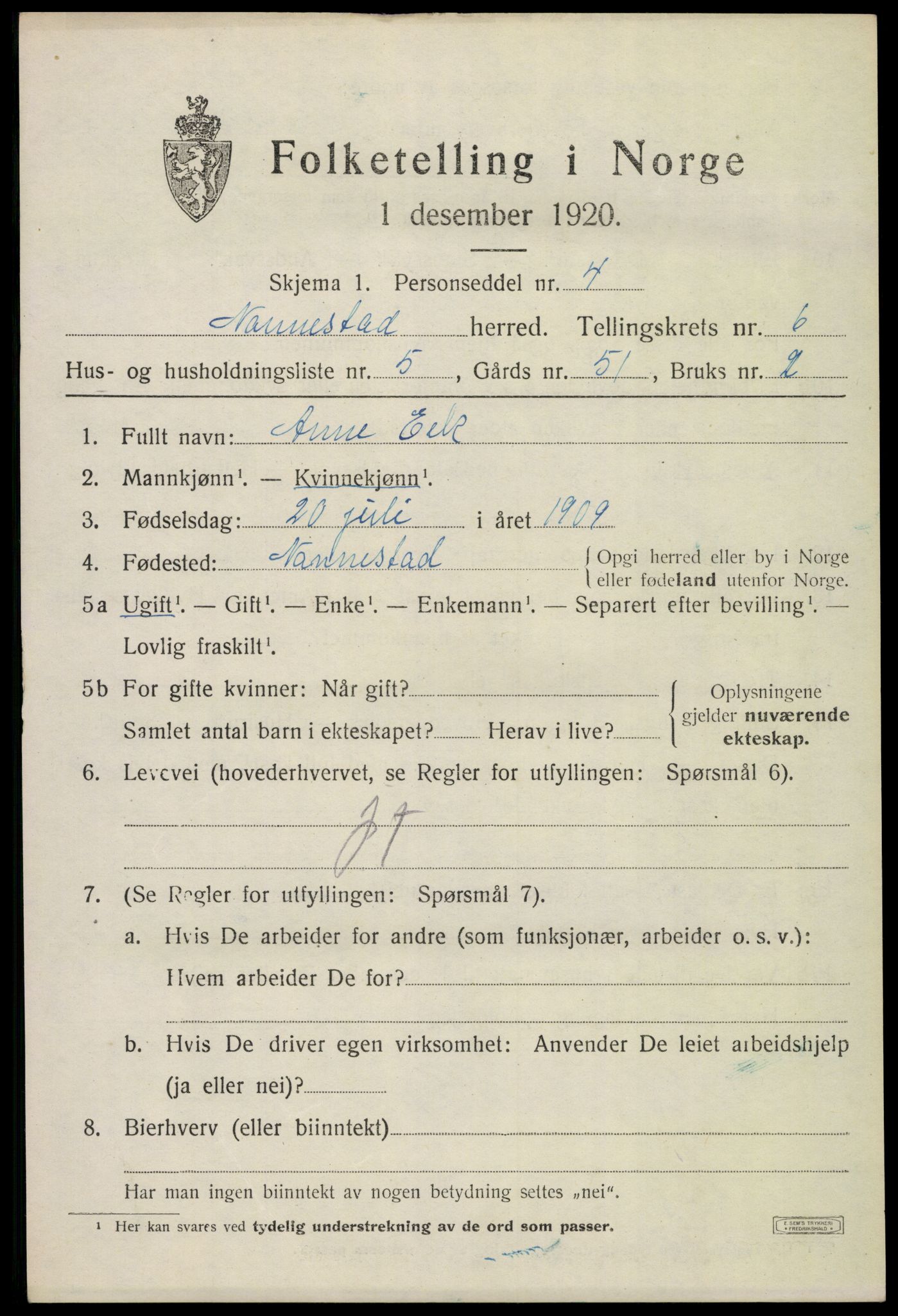 SAO, 1920 census for Nannestad, 1920, p. 7622