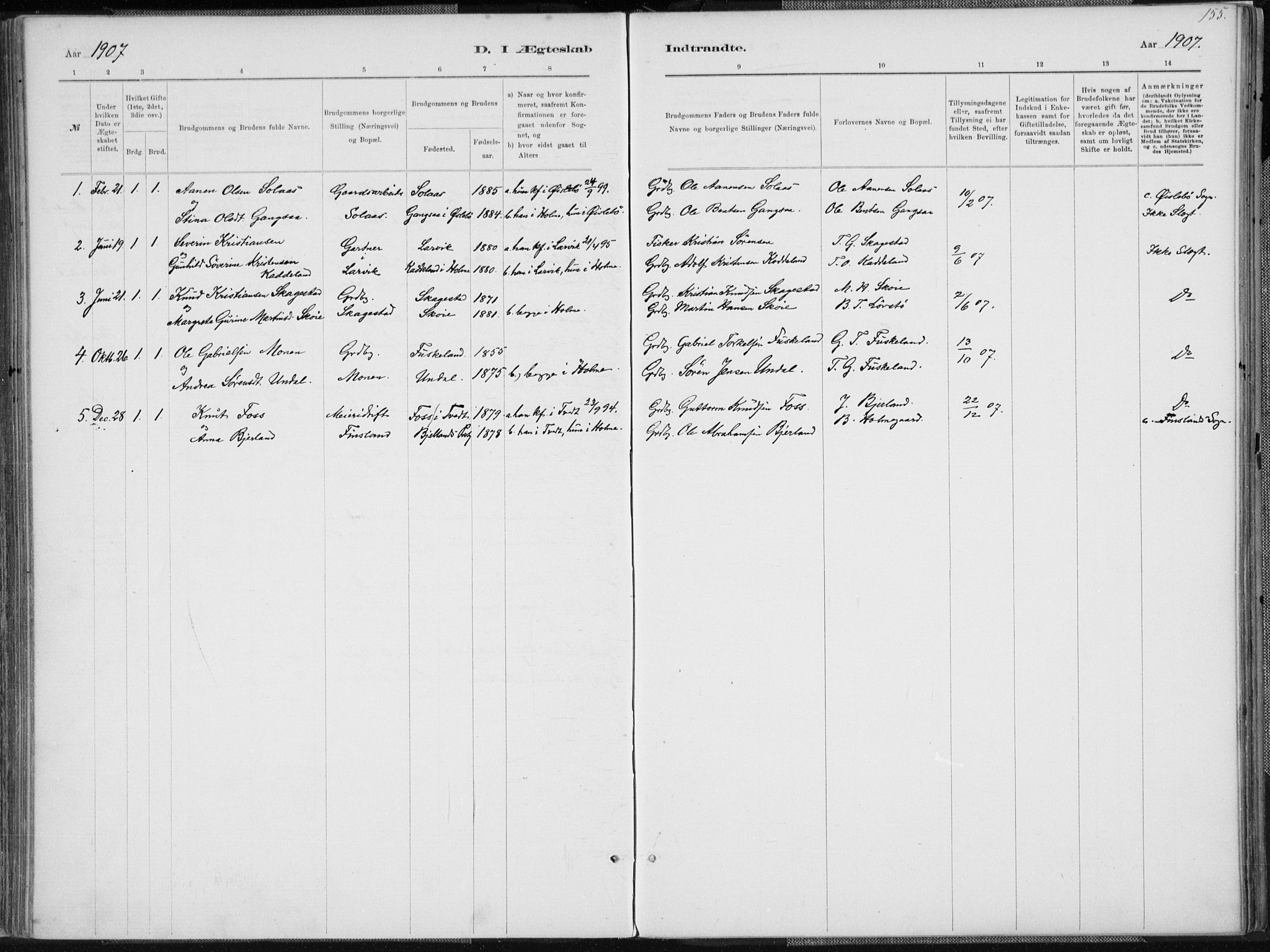 Holum sokneprestkontor, SAK/1111-0022/F/Fa/Faa/L0007: Parish register (official) no. A 7, 1884-1907, p. 155