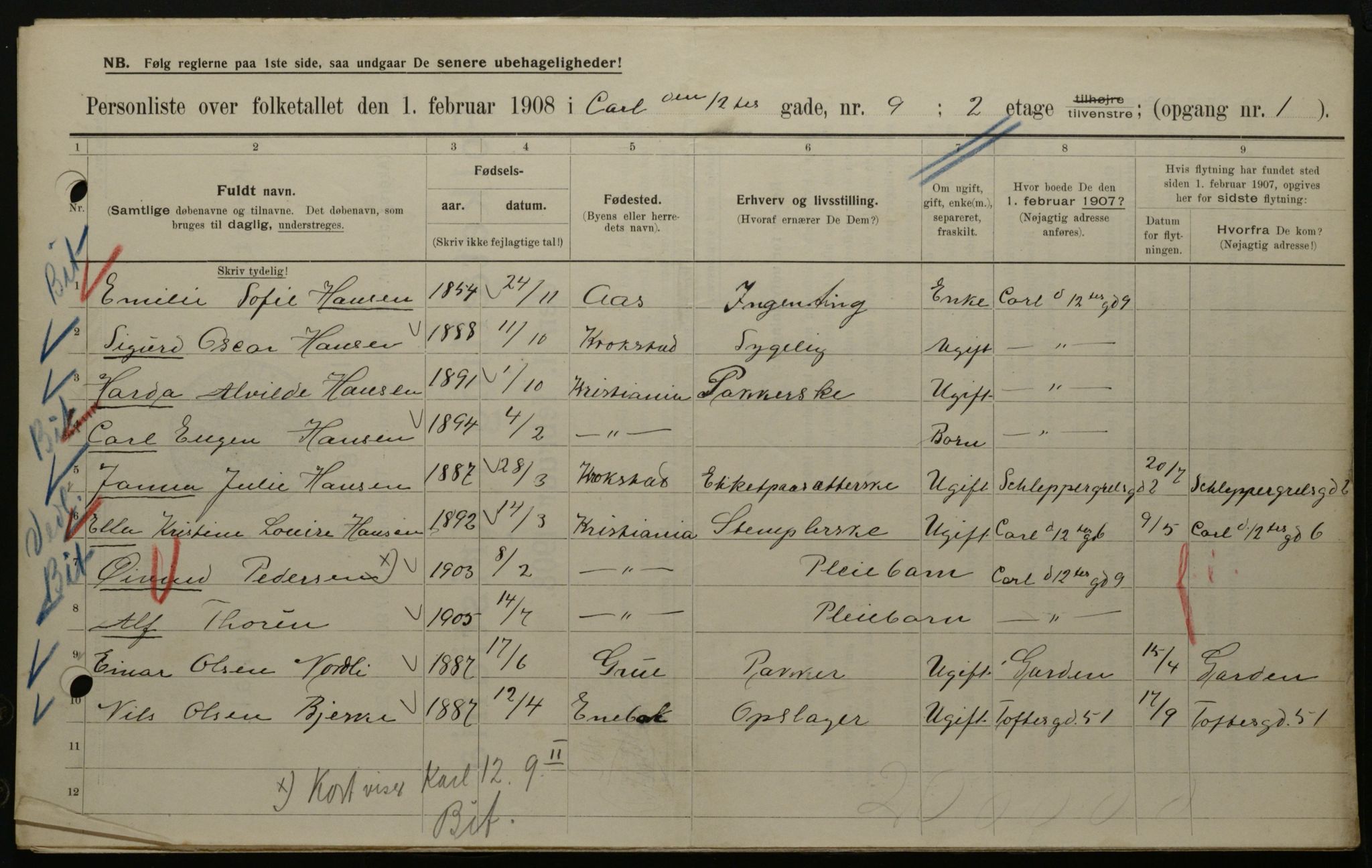 OBA, Municipal Census 1908 for Kristiania, 1908, p. 43867