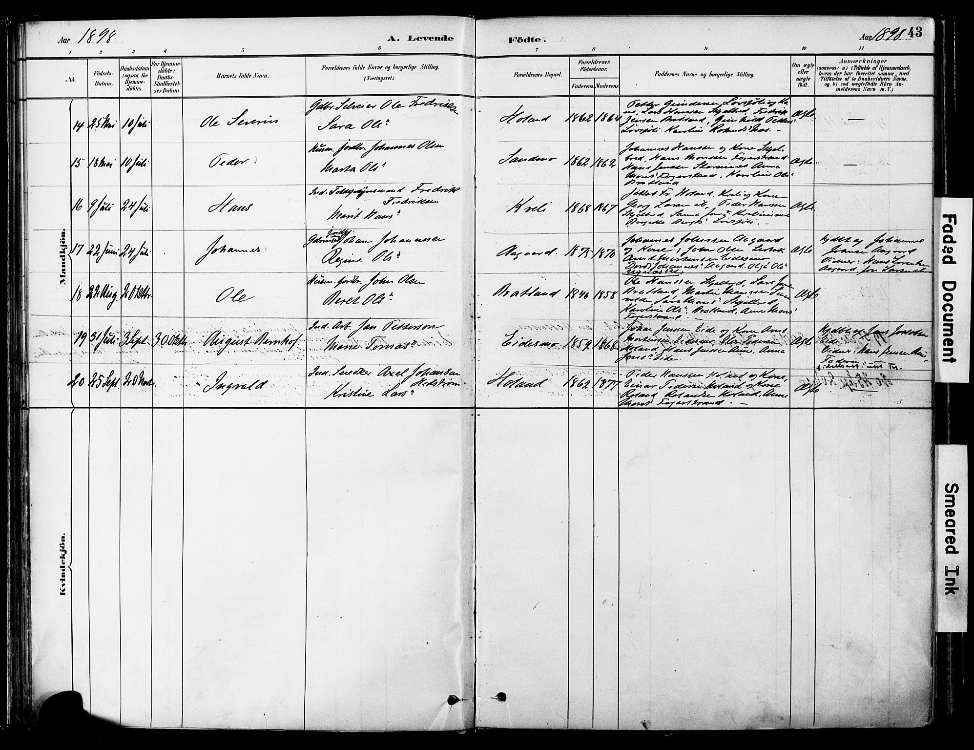 Ministerialprotokoller, klokkerbøker og fødselsregistre - Nord-Trøndelag, AV/SAT-A-1458/755/L0494: Parish register (official) no. 755A03, 1882-1902, p. 43