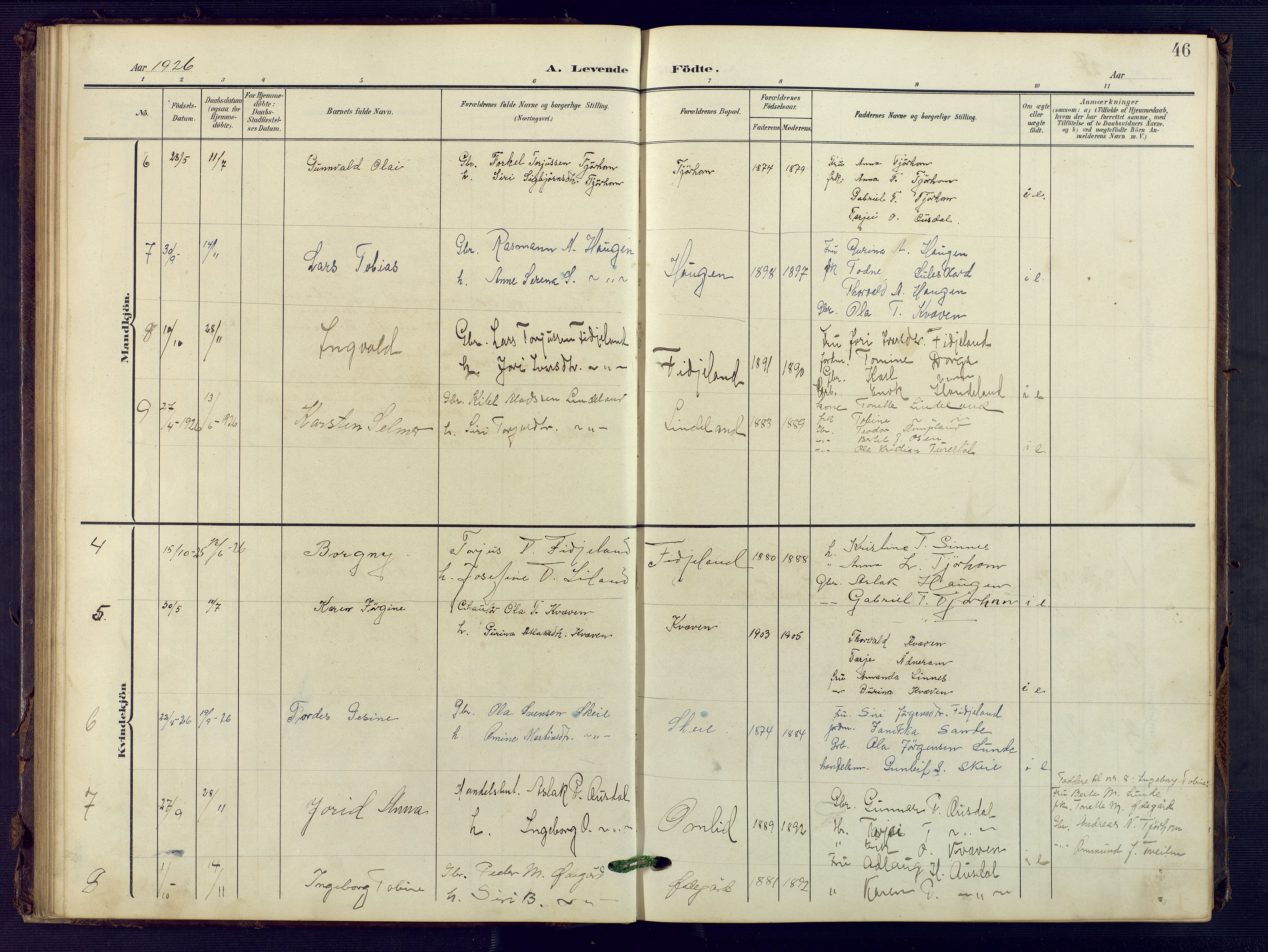 Sirdal sokneprestkontor, SAK/1111-0036/F/Fb/Fba/L0002: Parish register (copy) no. B 2, 1905-1958, p. 46