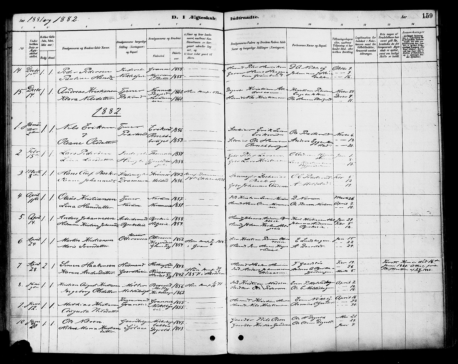 Vestre Toten prestekontor, SAH/PREST-108/H/Ha/Haa/L0010: Parish register (official) no. 10, 1878-1894, p. 159