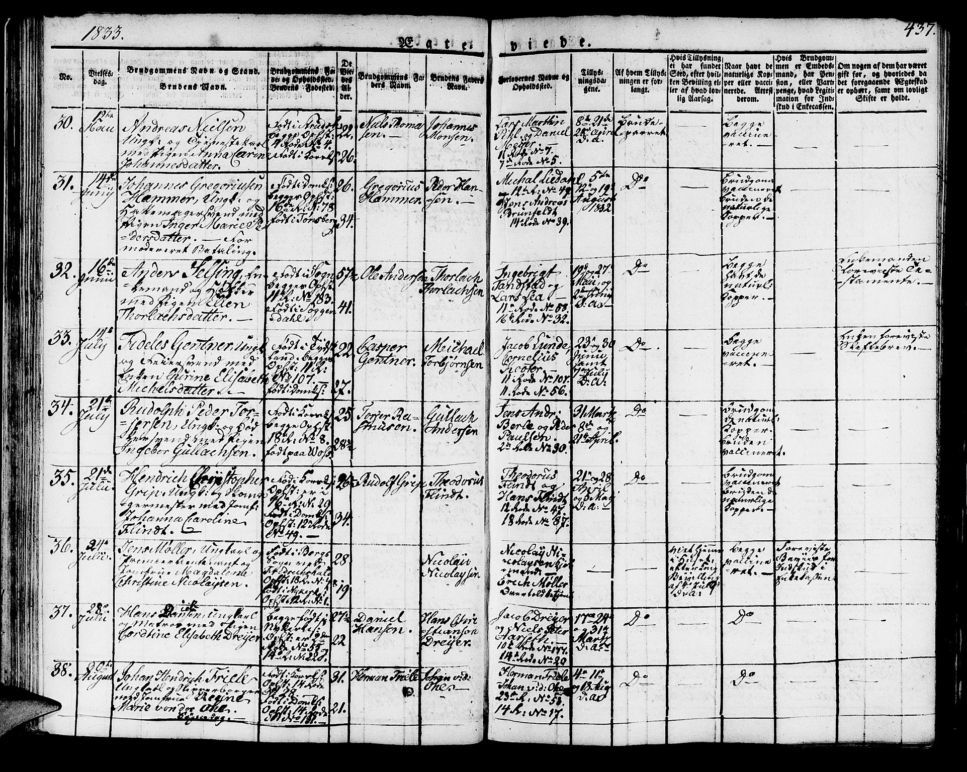 Domkirken sokneprestembete, AV/SAB-A-74801/H/Haa/L0012: Parish register (official) no. A 12, 1821-1840, p. 437