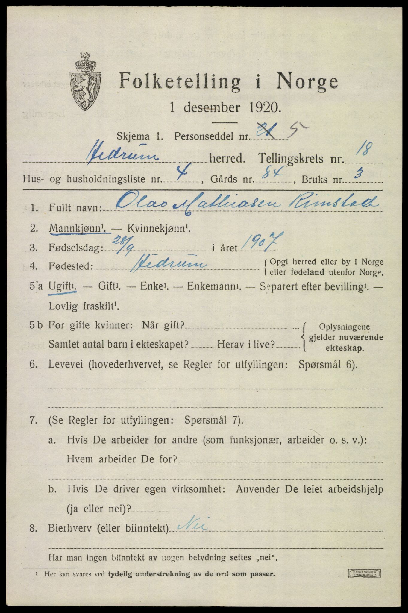 SAKO, 1920 census for Hedrum, 1920, p. 10837
