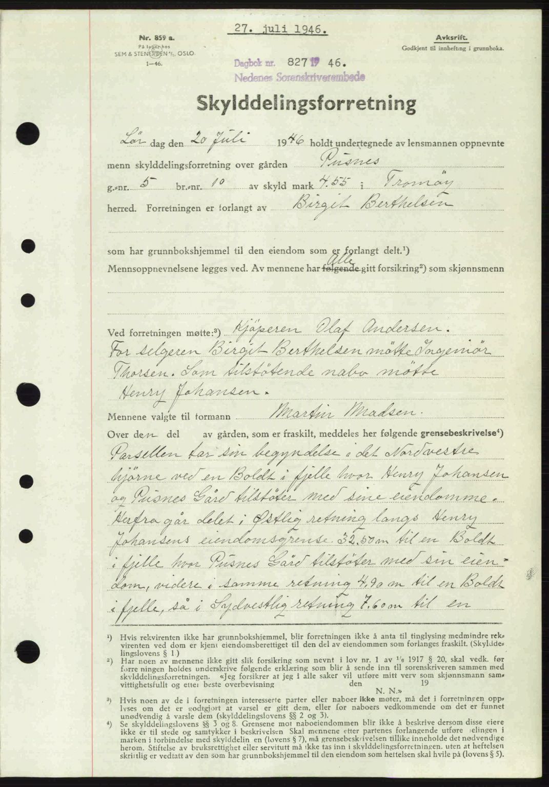 Nedenes sorenskriveri, SAK/1221-0006/G/Gb/Gba/L0055: Mortgage book no. A7, 1946-1946, Diary no: : 827/1946