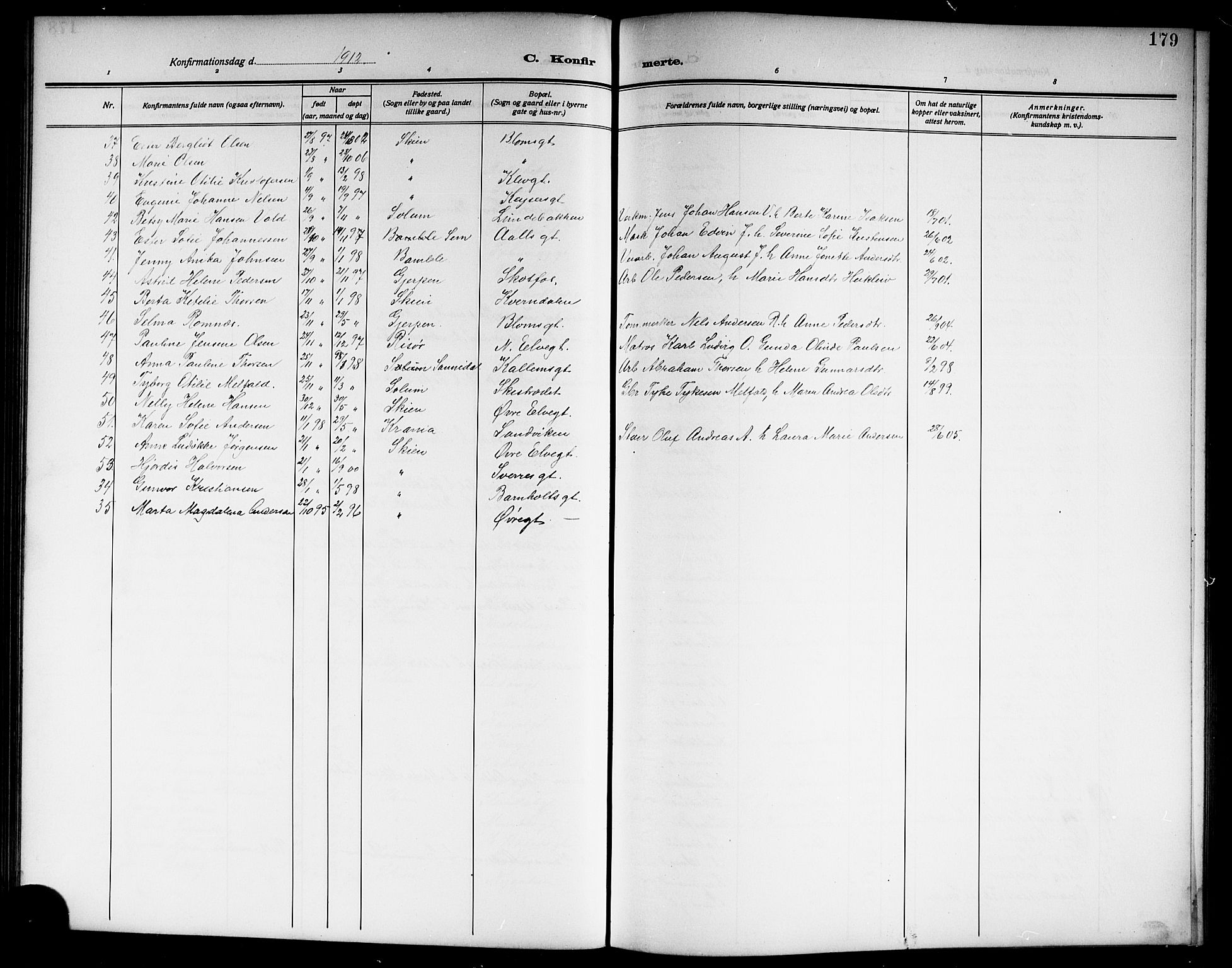 Skien kirkebøker, SAKO/A-302/G/Ga/L0009: Parish register (copy) no. 9, 1910-1920, p. 179