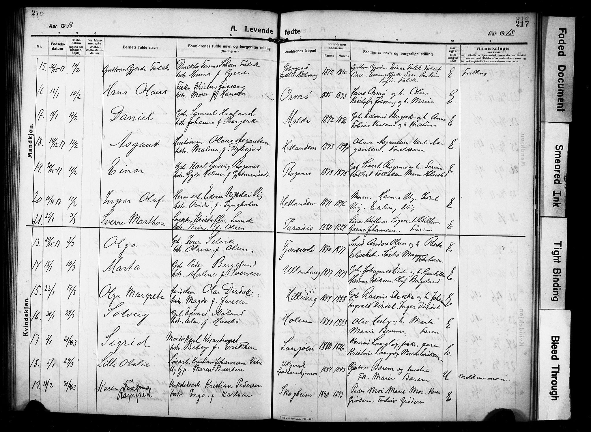 Hetland sokneprestkontor, AV/SAST-A-101826/30/30BB/L0008: Parish register (copy) no. B 8, 1910-1921, p. 216-217