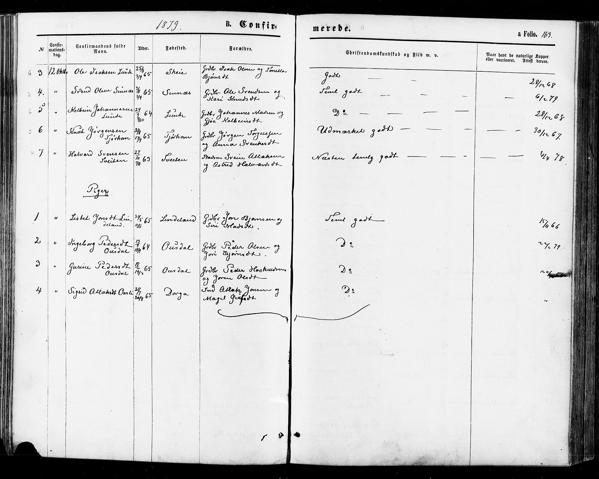 Sirdal sokneprestkontor, AV/SAK-1111-0036/F/Fa/Fab/L0003: Parish register (official) no. A 3, 1874-1886, p. 163