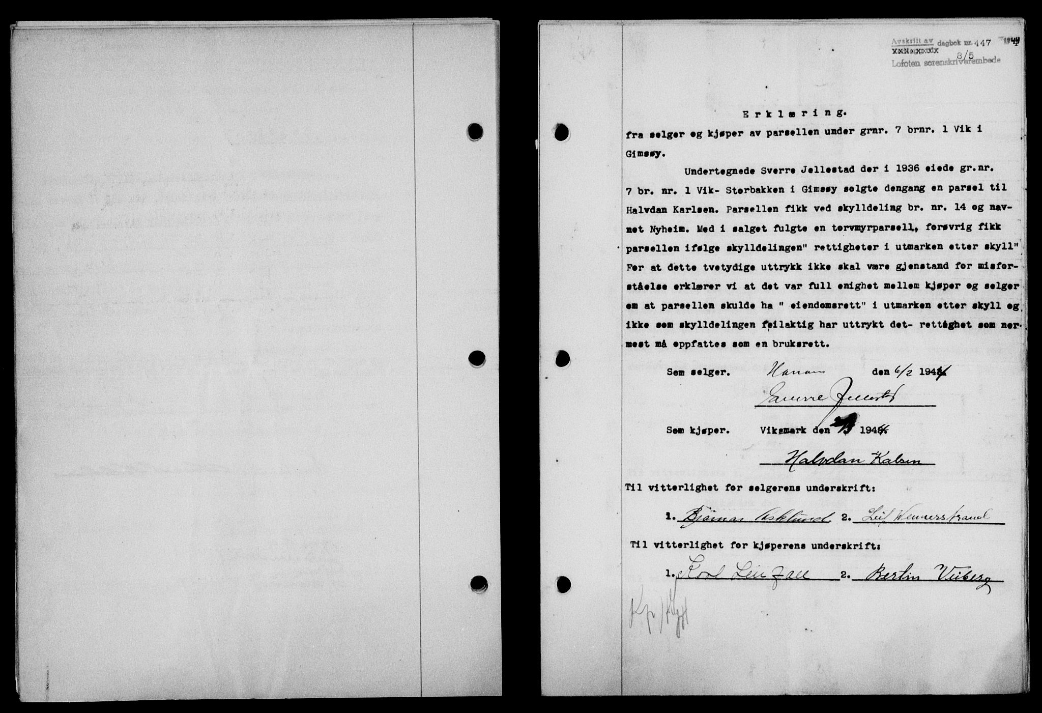 Lofoten sorenskriveri, SAT/A-0017/1/2/2C/L0012a: Mortgage book no. 12a, 1943-1944, Diary no: : 447/1944