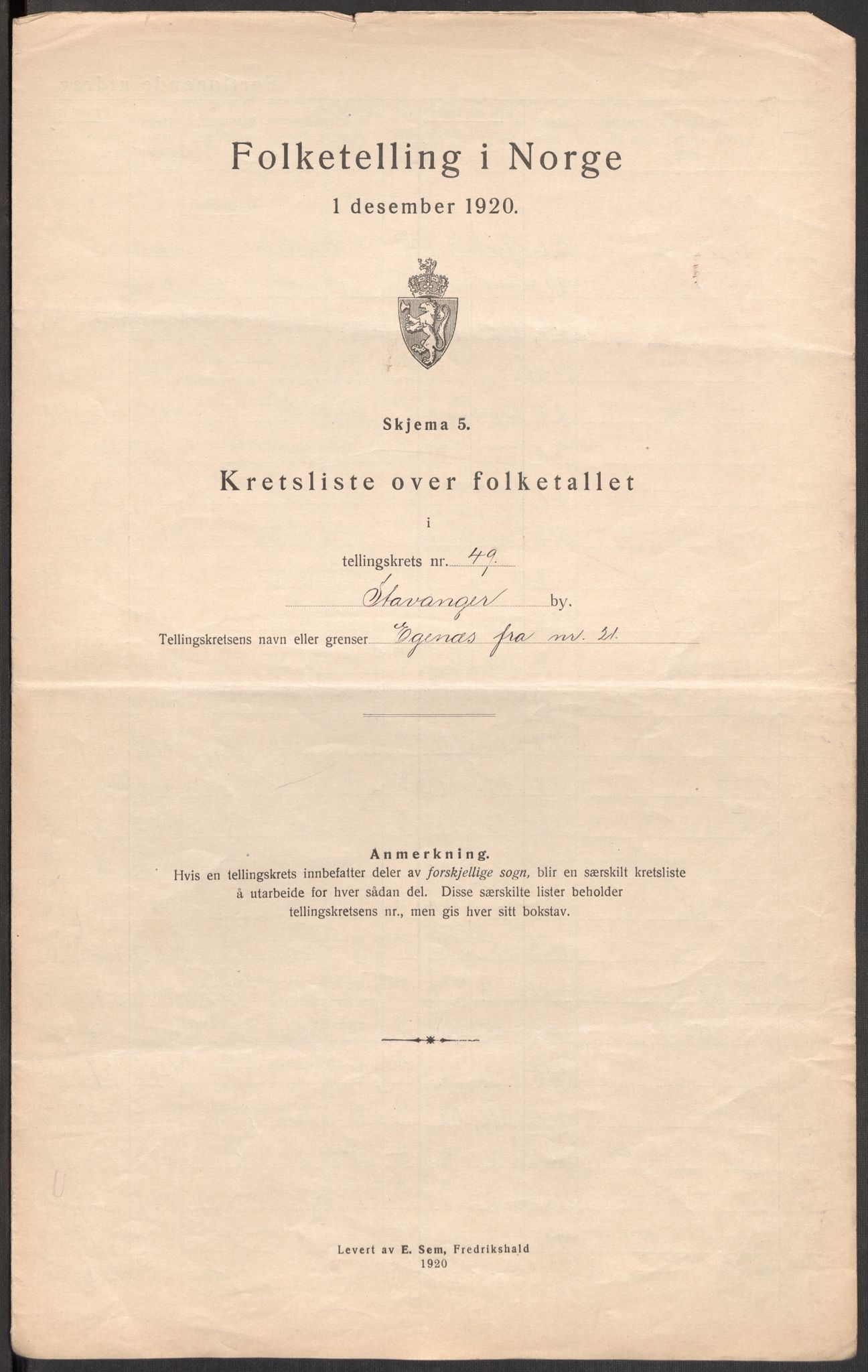 SAST, 1920 census for Stavanger, 1920, p. 152