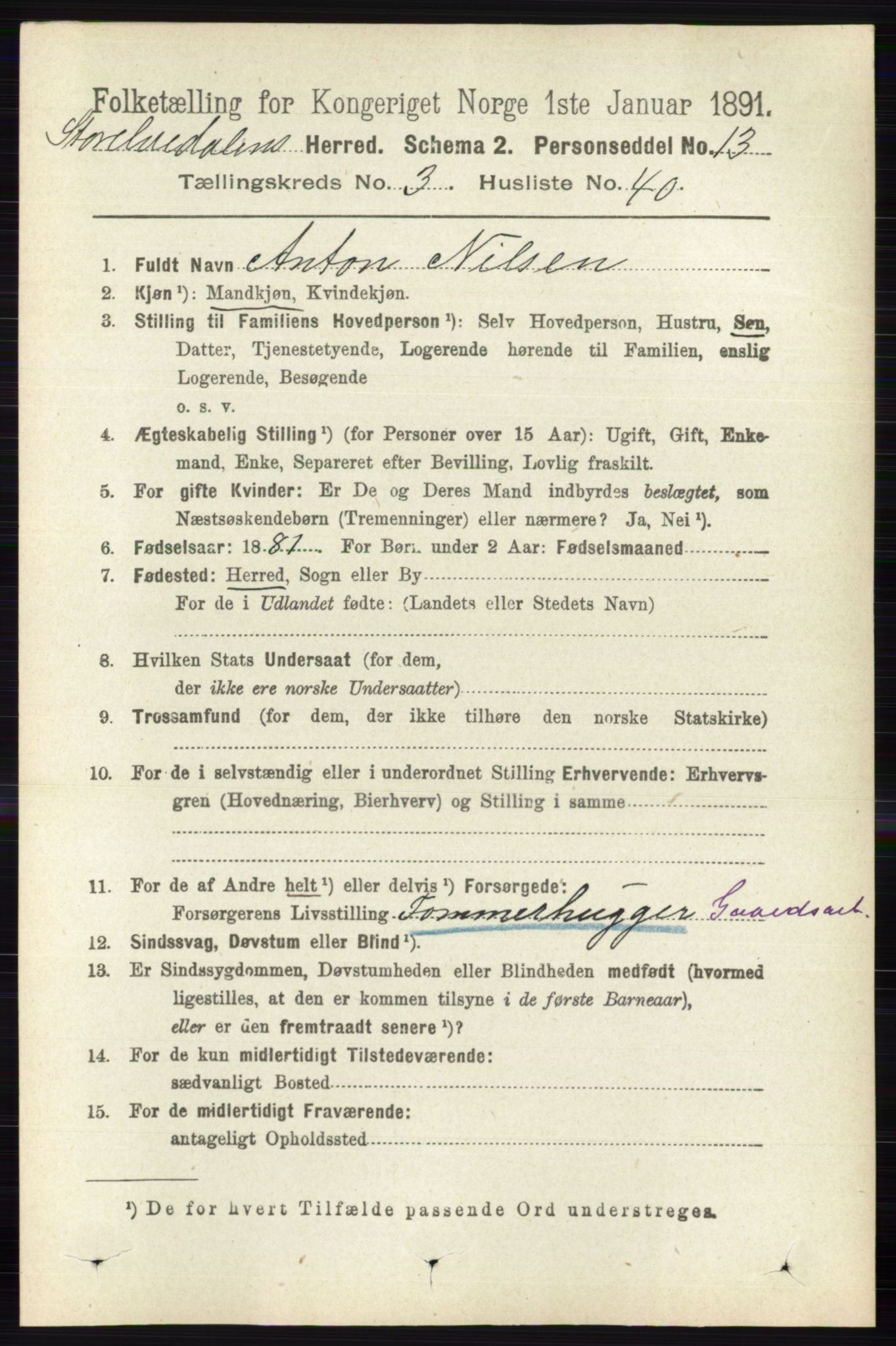 RA, 1891 census for 0430 Stor-Elvdal, 1891, p. 1127
