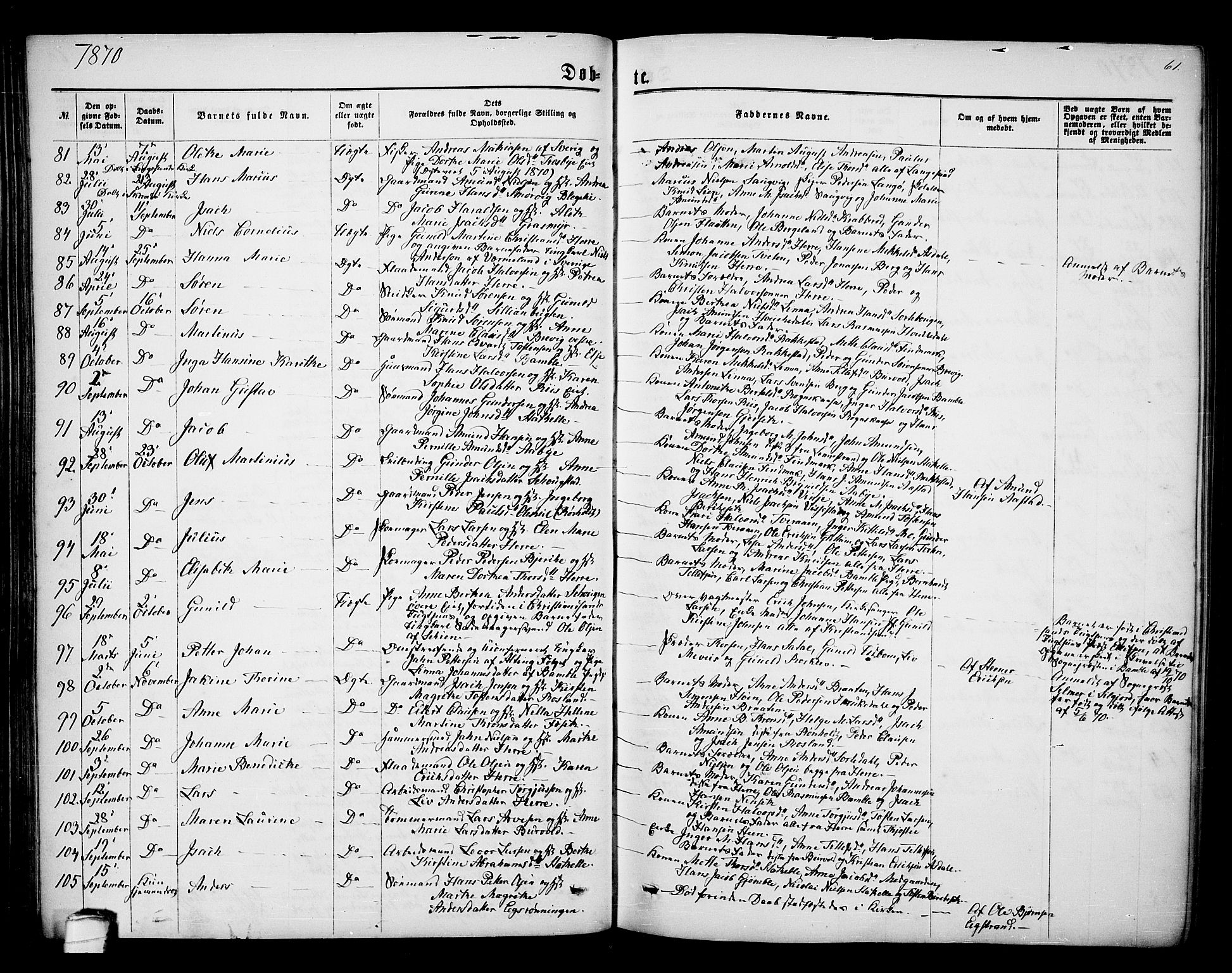 Bamble kirkebøker, AV/SAKO-A-253/G/Ga/L0006: Parish register (copy) no. I 6, 1860-1876, p. 61