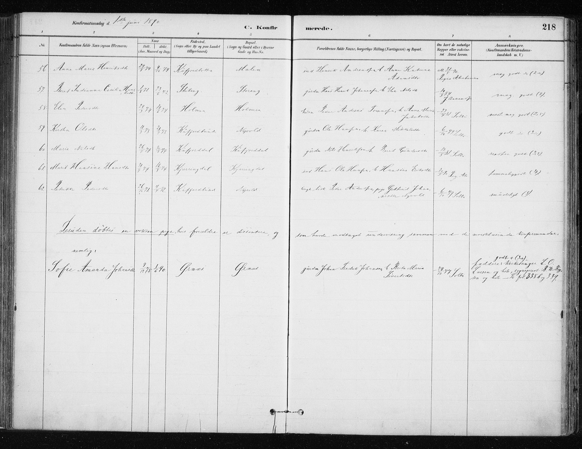 Lyngen sokneprestembete, SATØ/S-1289/H/He/Hea/L0007kirke: Parish register (official) no. 7, 1879-1890, p. 218
