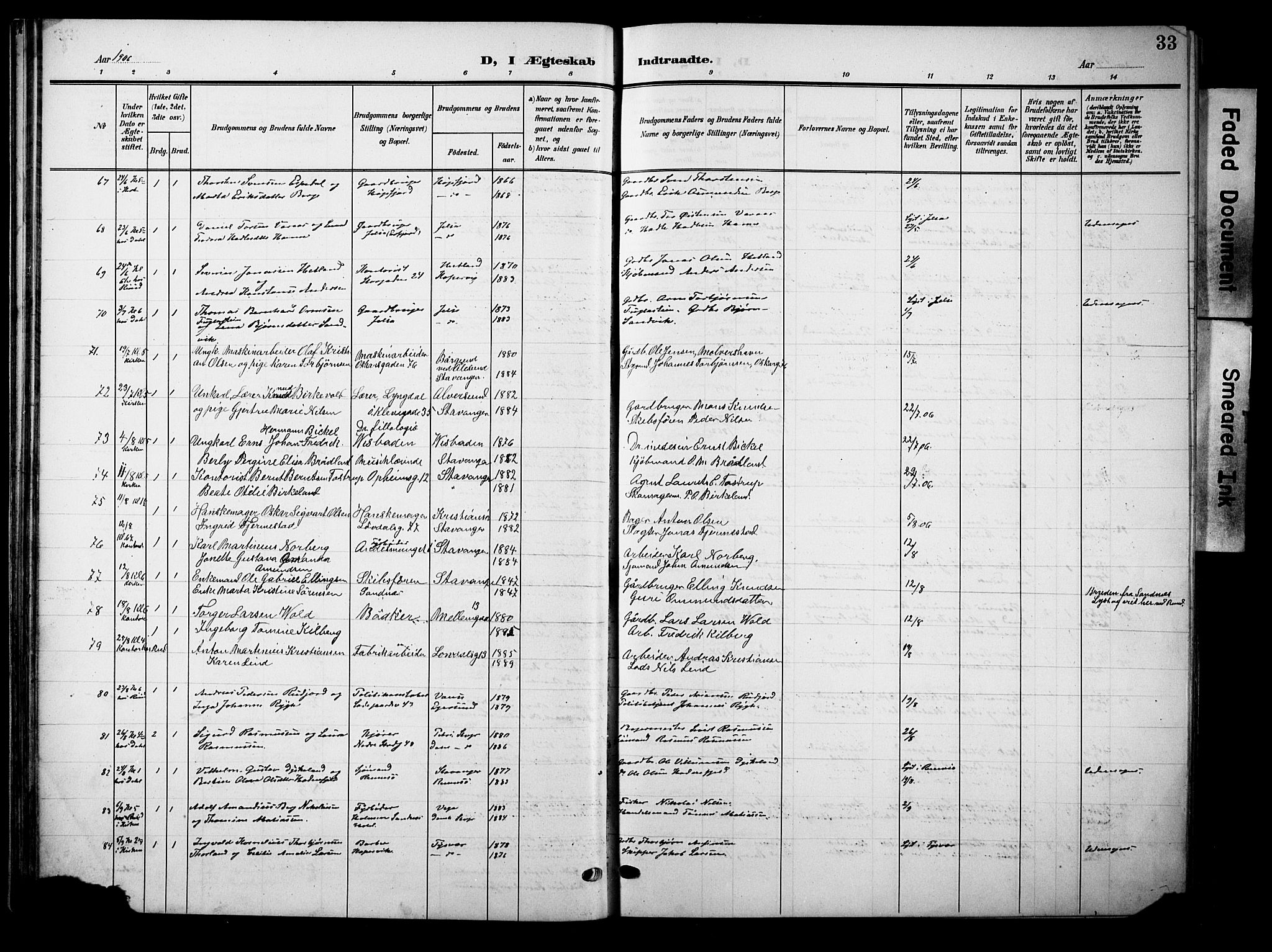 Domkirken sokneprestkontor, AV/SAST-A-101812/001/30/30BB/L0017: Parish register (copy) no. B 17, 1902-1921, p. 33