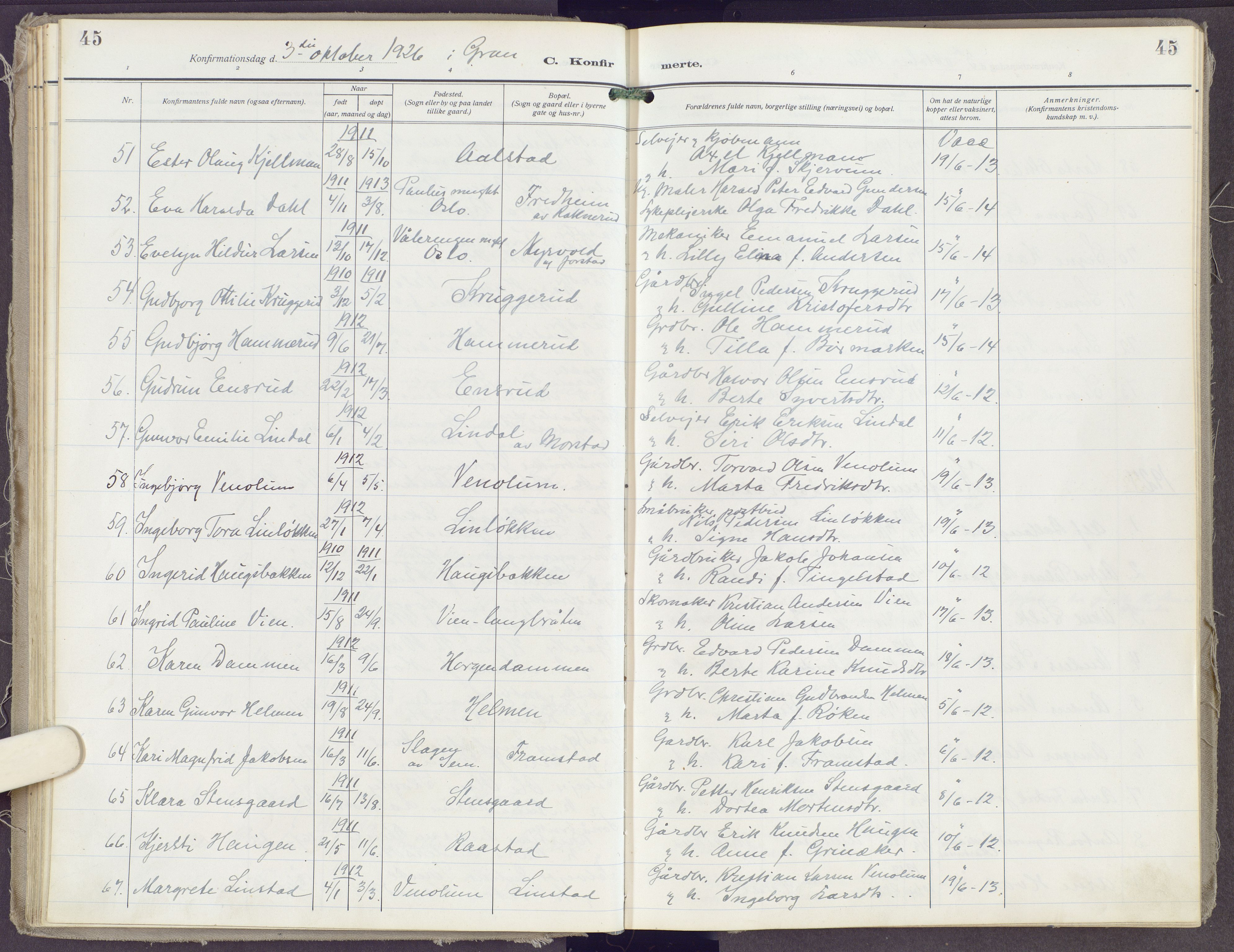Gran prestekontor, SAH/PREST-112/H/Ha/Haa/L0023: Parish register (official) no. 23, 1919-1938, p. 45