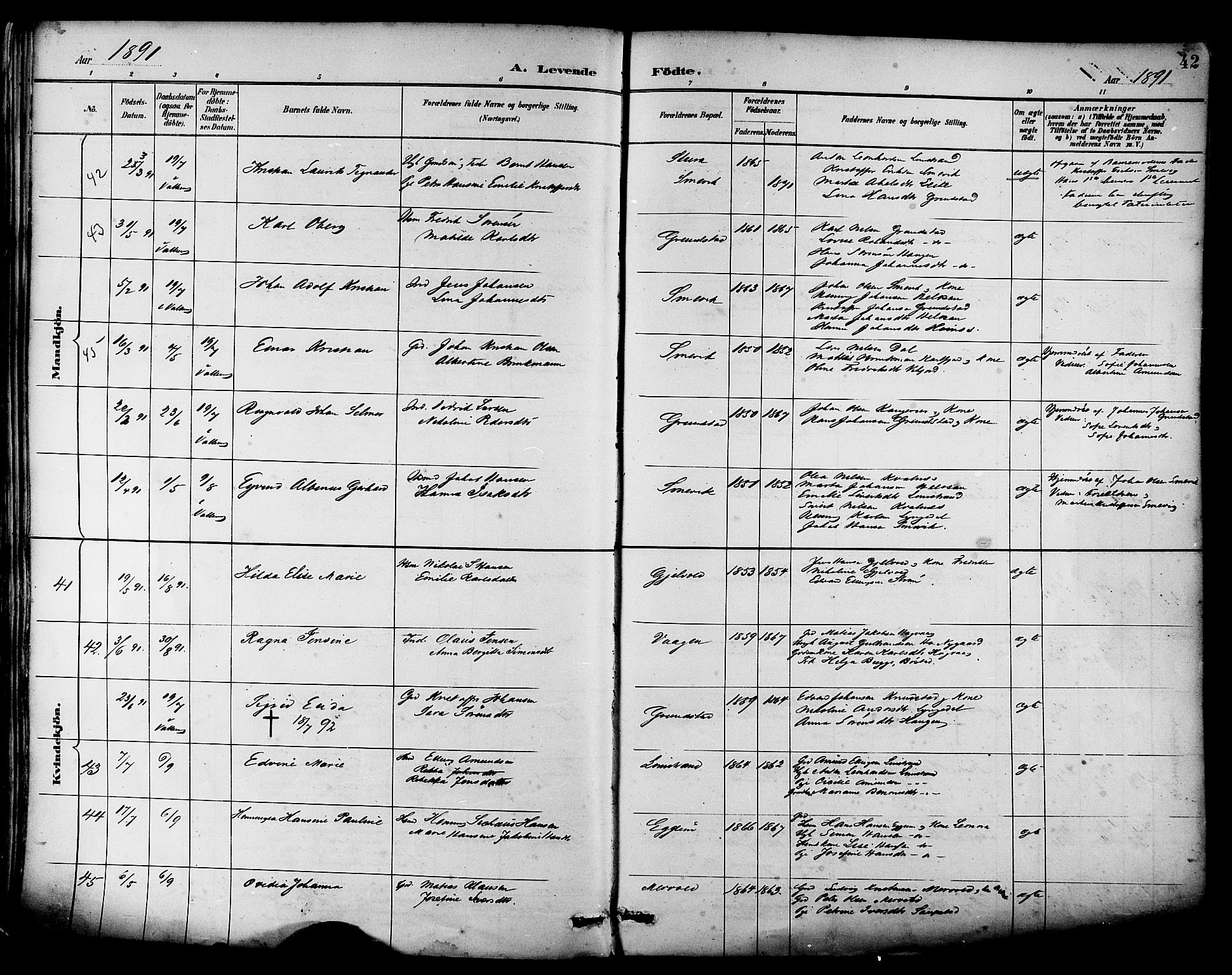 Ministerialprotokoller, klokkerbøker og fødselsregistre - Nordland, AV/SAT-A-1459/880/L1133: Parish register (official) no. 880A07, 1888-1898, p. 42