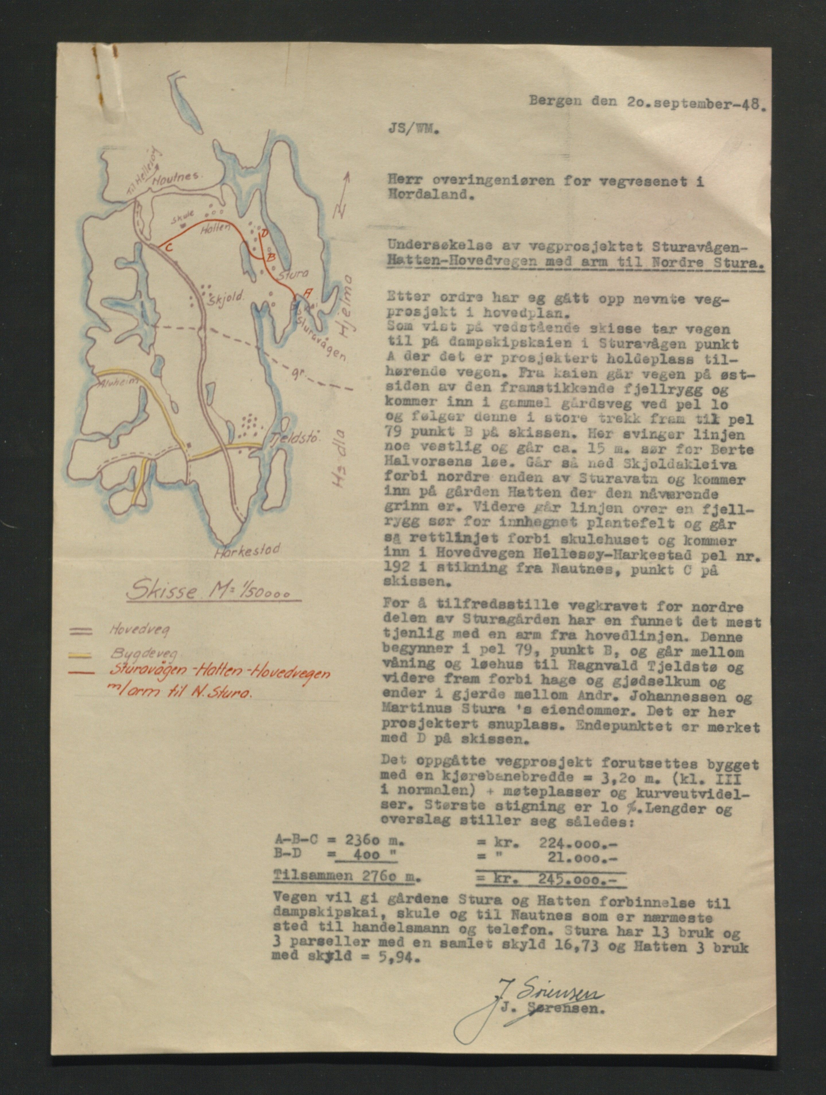 Hjelme kommune. Formannskapet, IKAH/1259a-021/D/Db/Dba/L0005/0009/0001: Korrespondanse formannskapet  / Vegbygget Sture- Hatten- Hovudvegen , 1948-1958