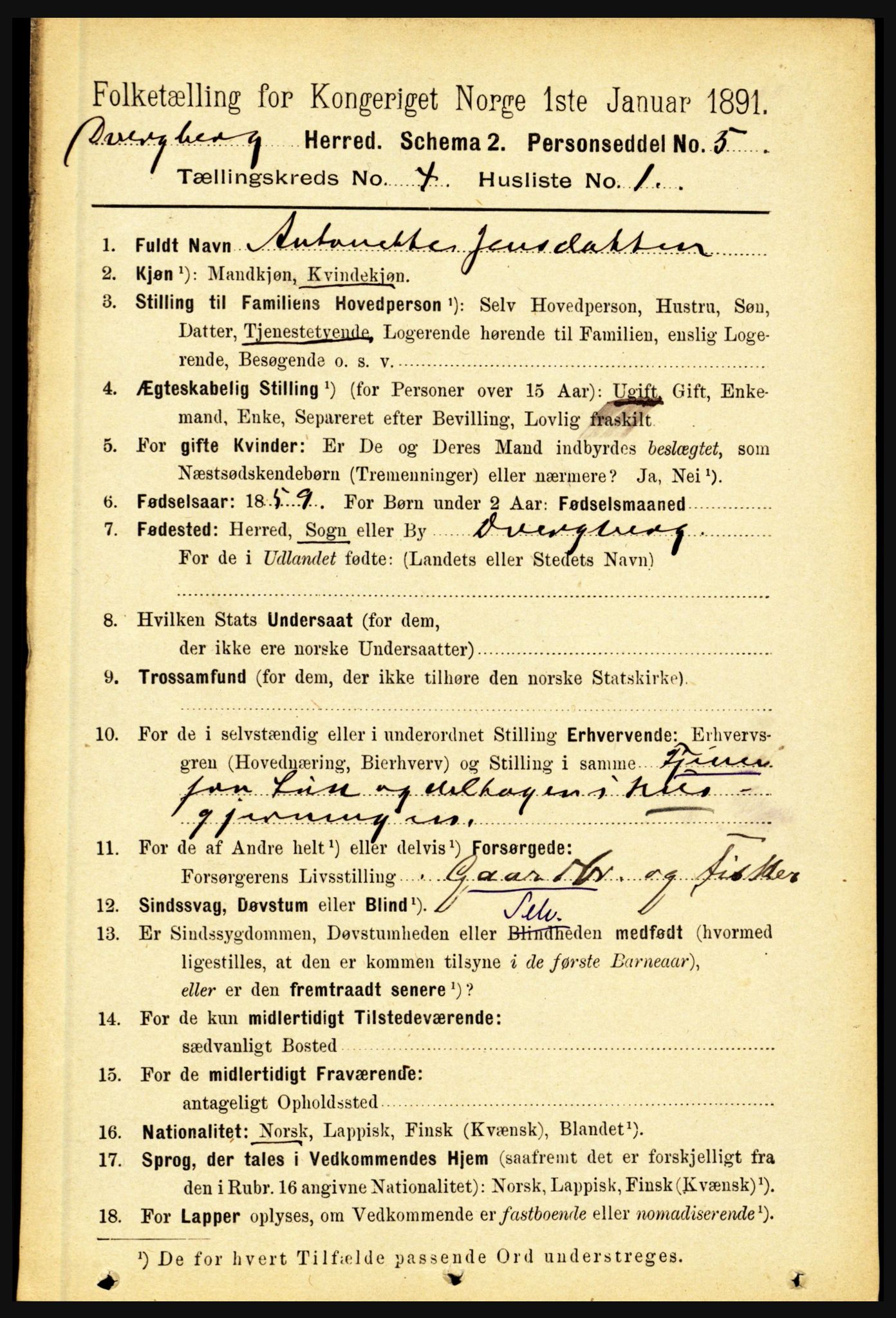 RA, 1891 census for 1872 Dverberg, 1891, p. 1279