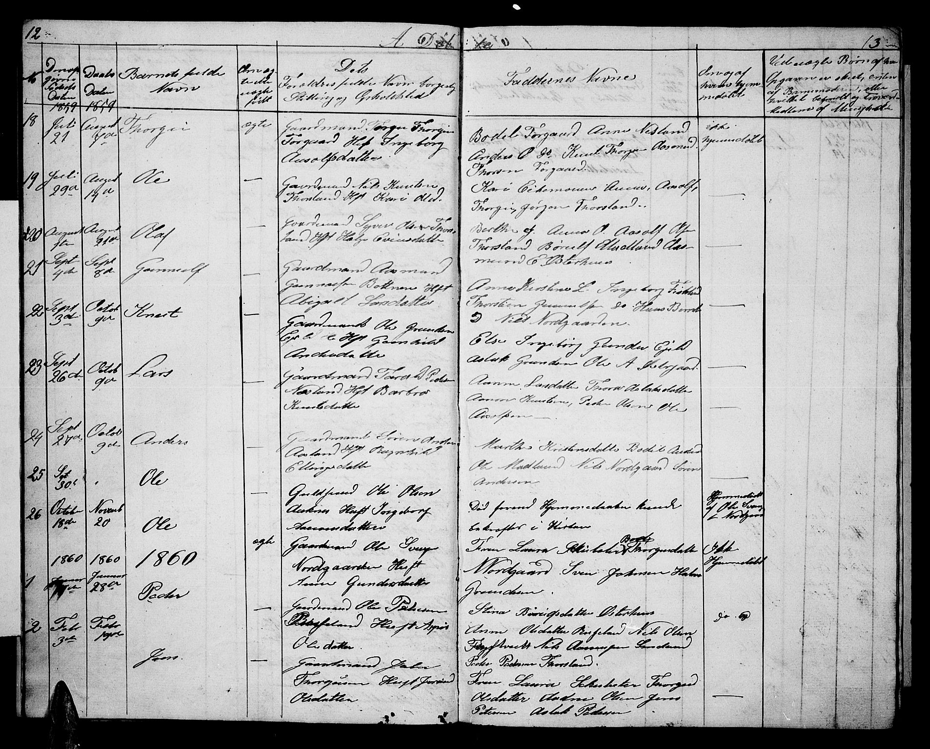 Åseral sokneprestkontor, AV/SAK-1111-0051/F/Fb/L0001: Parish register (copy) no. B 1, 1856-1877, p. 12-13