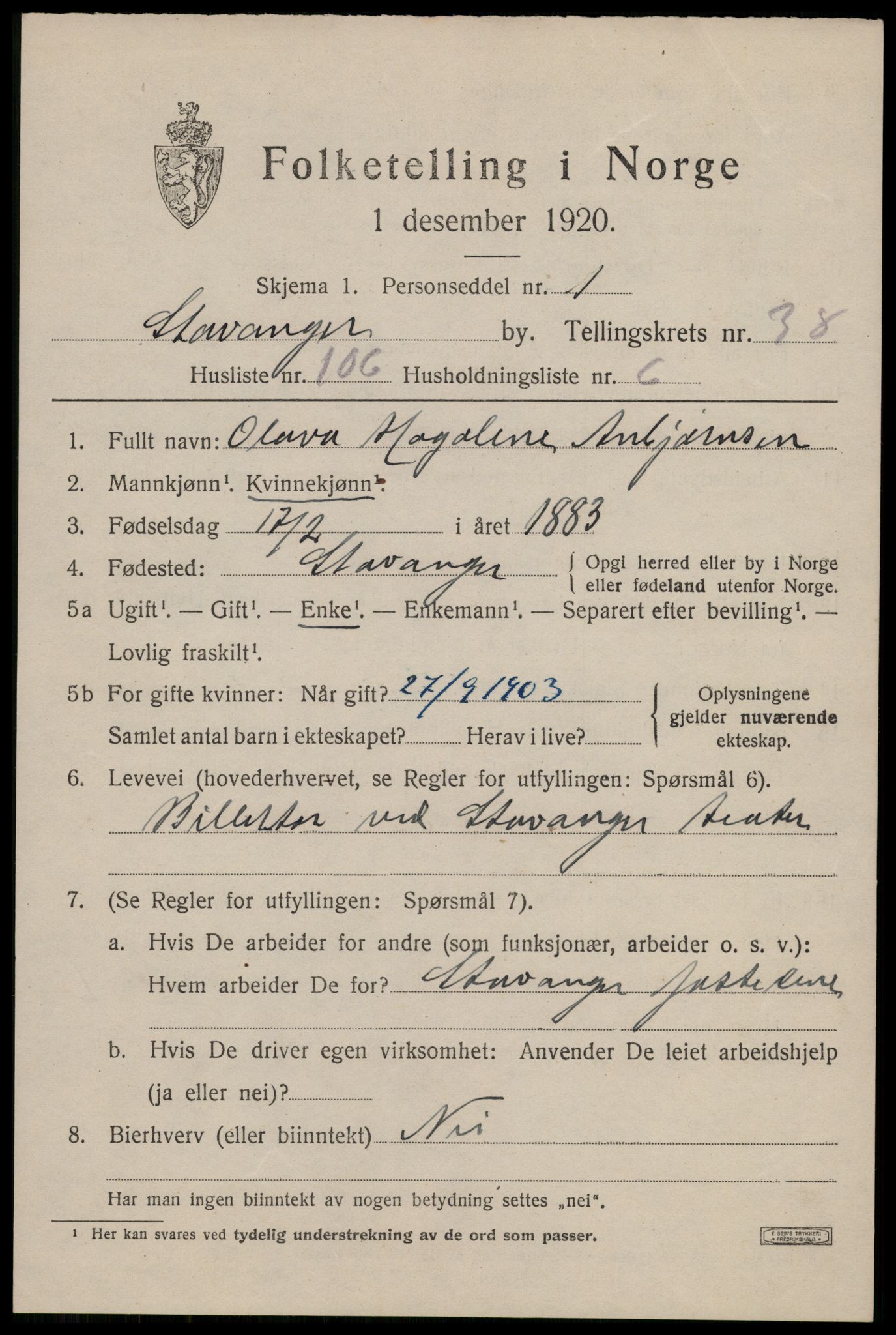 SAST, 1920 census for Stavanger, 1920, p. 101032