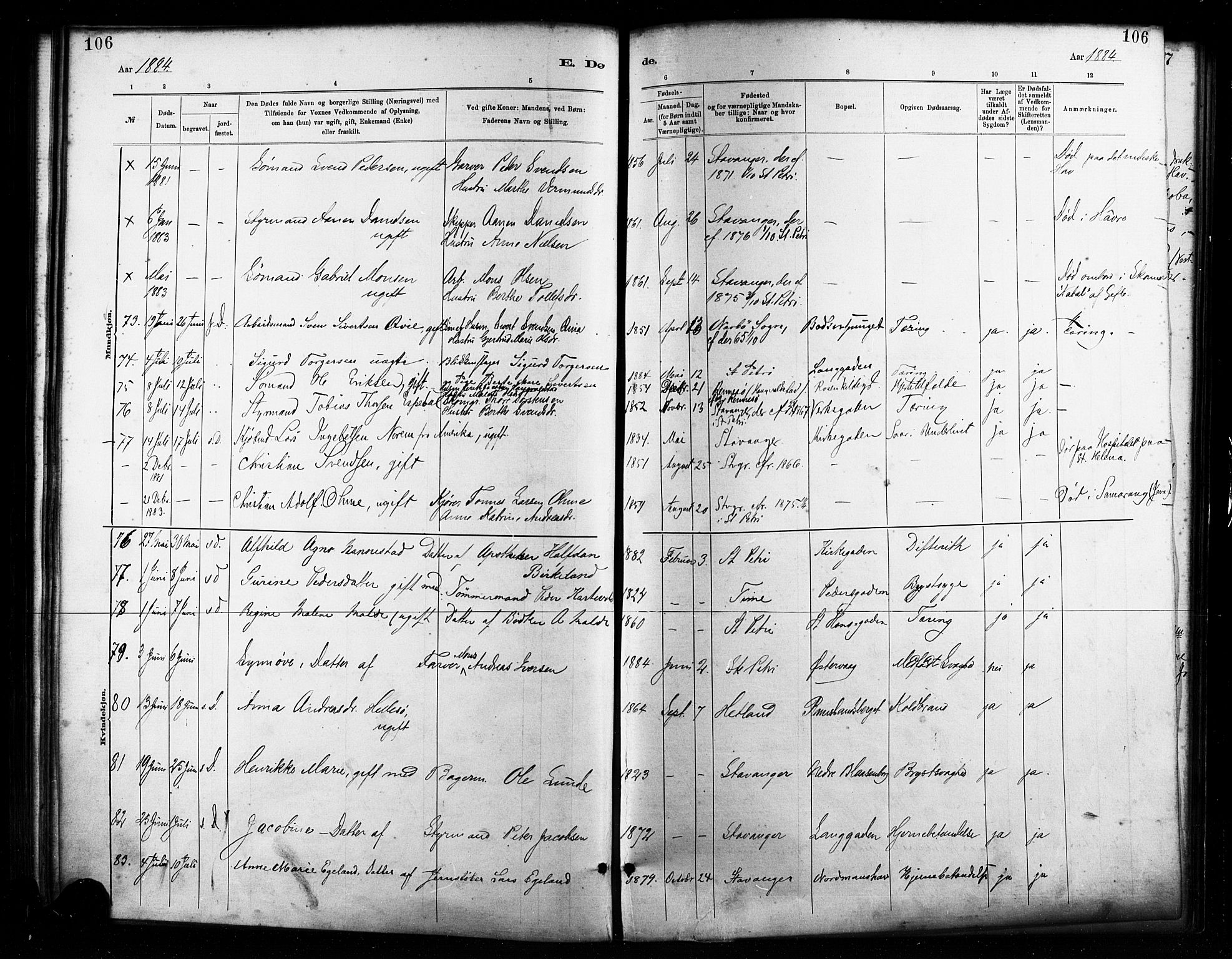 St. Petri sokneprestkontor, AV/SAST-A-101813/001/30/30BA/L0017: Parish register (official) no. A 17, 1879-1895, p. 106