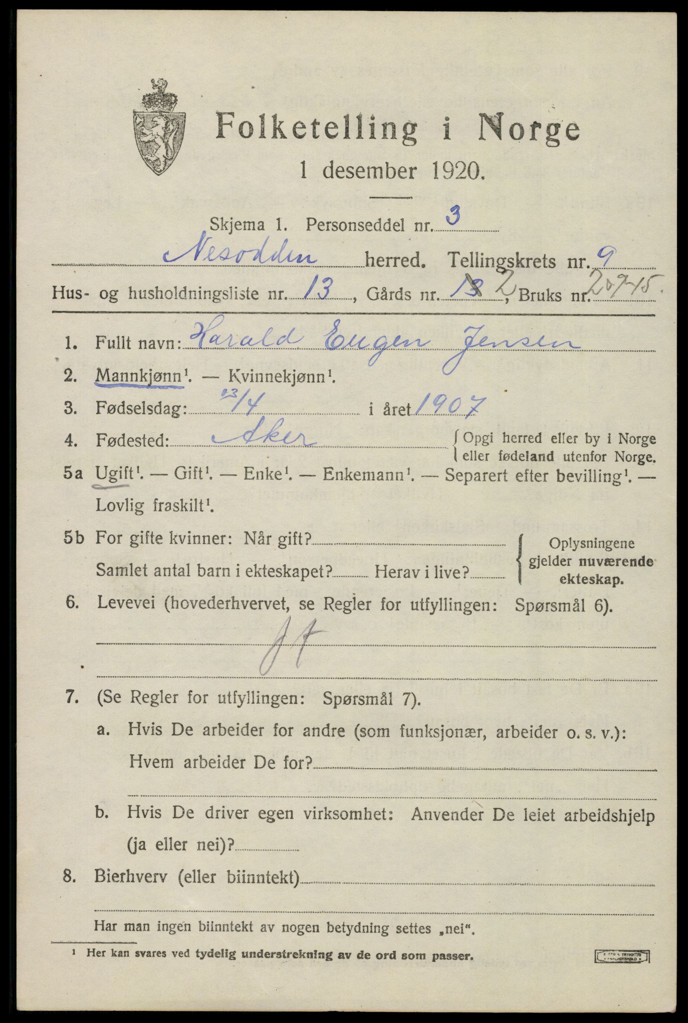 SAO, 1920 census for Nesodden, 1920, p. 6929