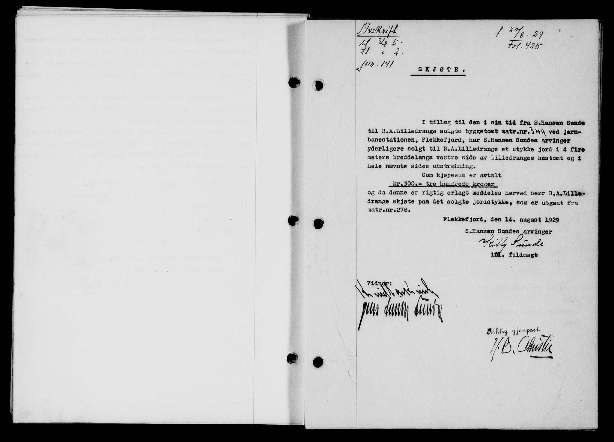 Flekkefjord sorenskriveri, SAK/1221-0001/G/Gb/Gba/L0045: Mortgage book no. 43, 1929-1930, Deed date: 20.08.1929