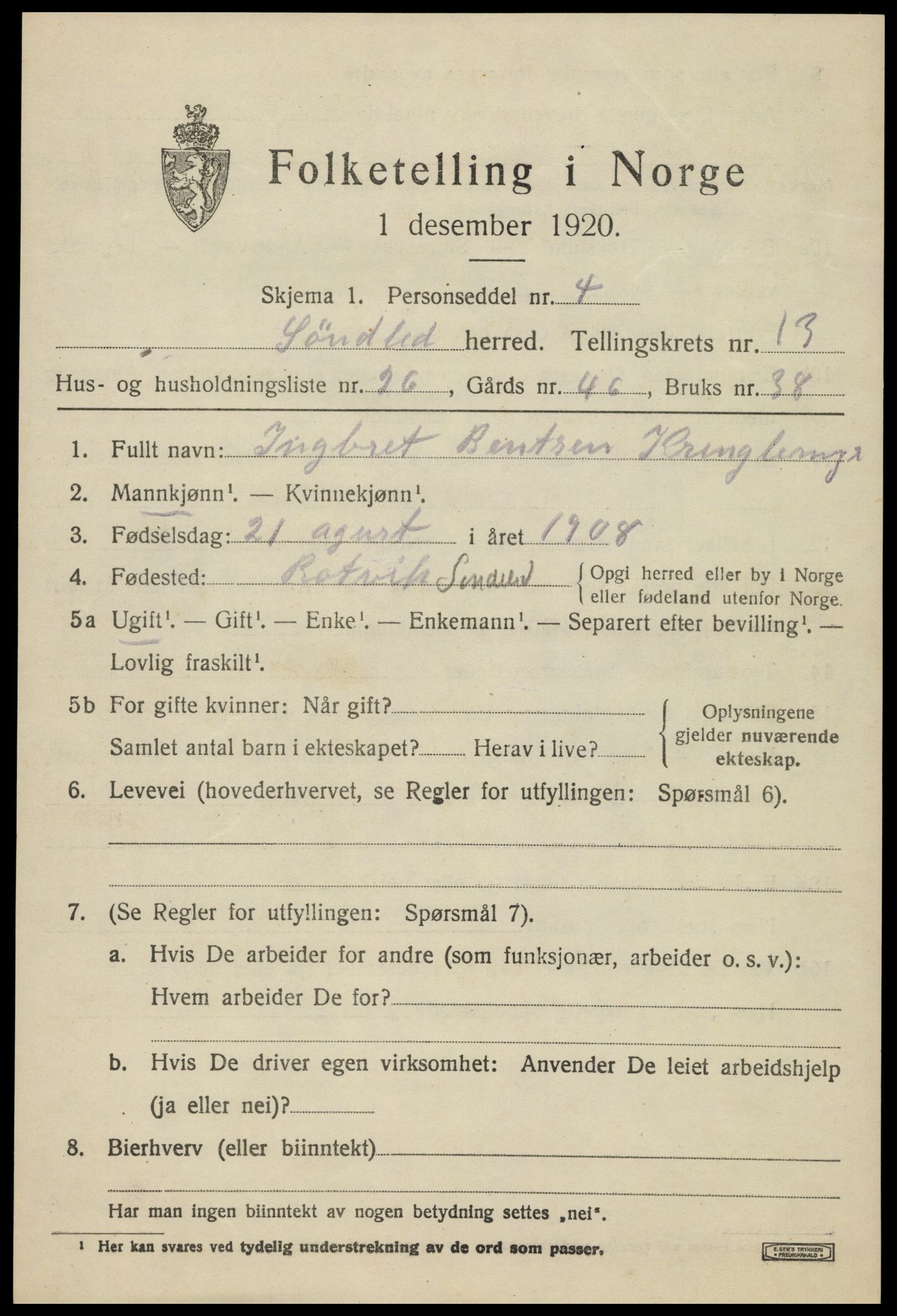 SAK, 1920 census for Søndeled, 1920, p. 6279