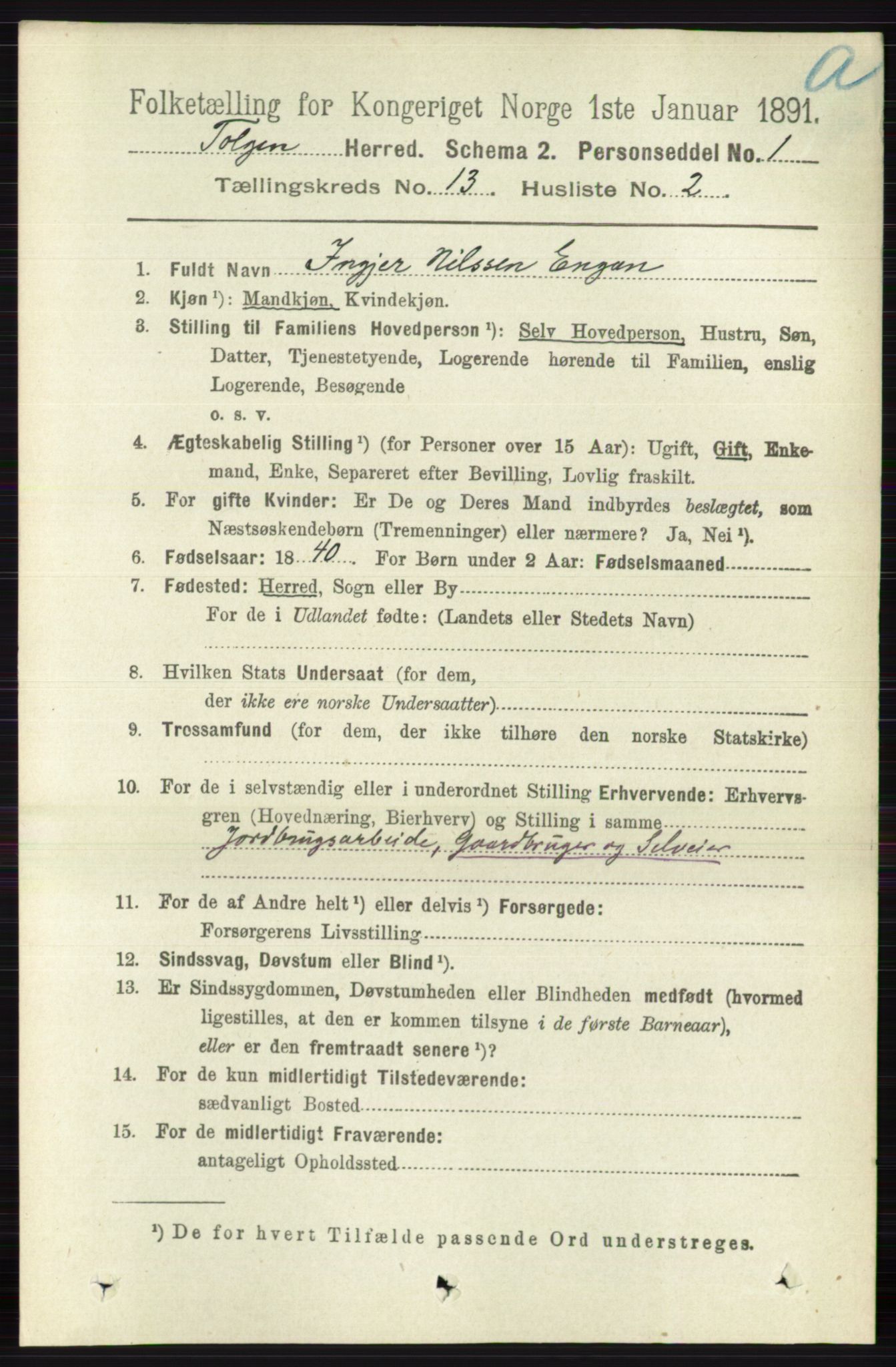 RA, 1891 census for 0436 Tolga, 1891, p. 3888