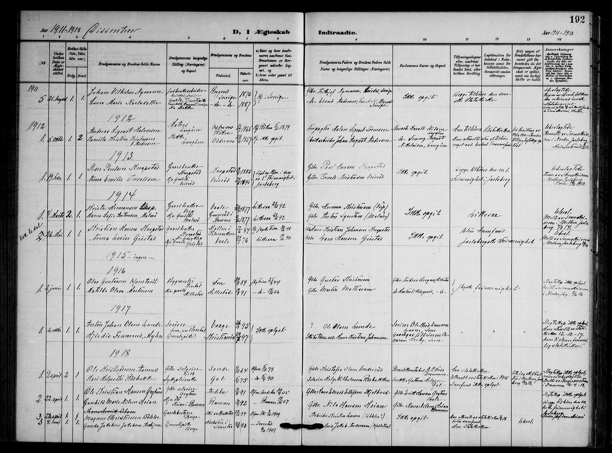 Våle kirkebøker, AV/SAKO-A-334/F/Fa/L0012: Parish register (official) no. I 12, 1907-1934, p. 192