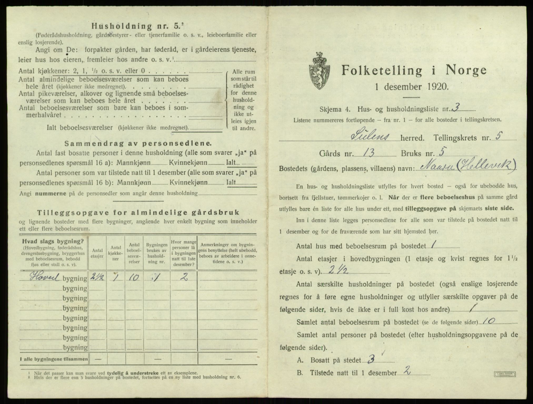 SAB, 1920 census for Solund, 1920, p. 309