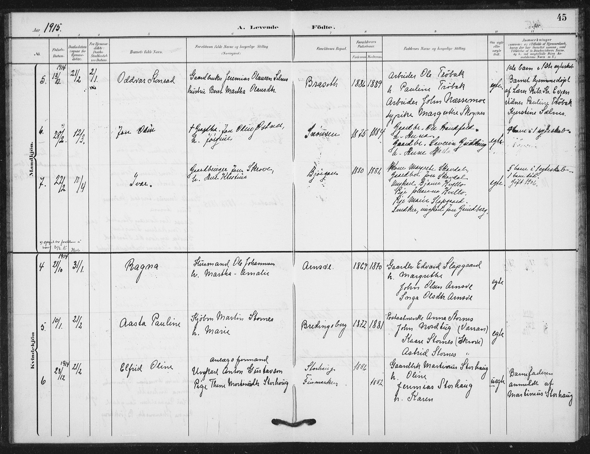 Ministerialprotokoller, klokkerbøker og fødselsregistre - Nord-Trøndelag, AV/SAT-A-1458/724/L0264: Parish register (official) no. 724A02, 1908-1915, p. 45