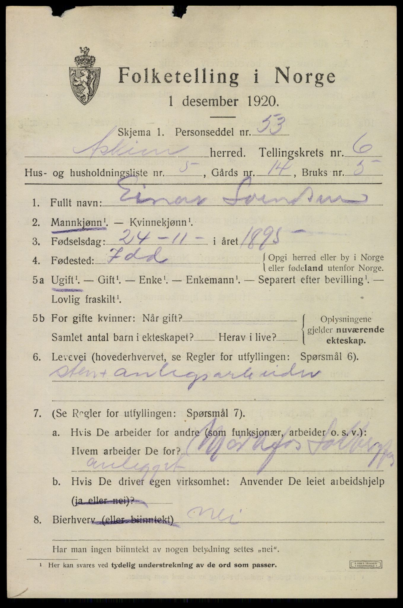 SAO, 1920 census for Askim, 1920, p. 11387